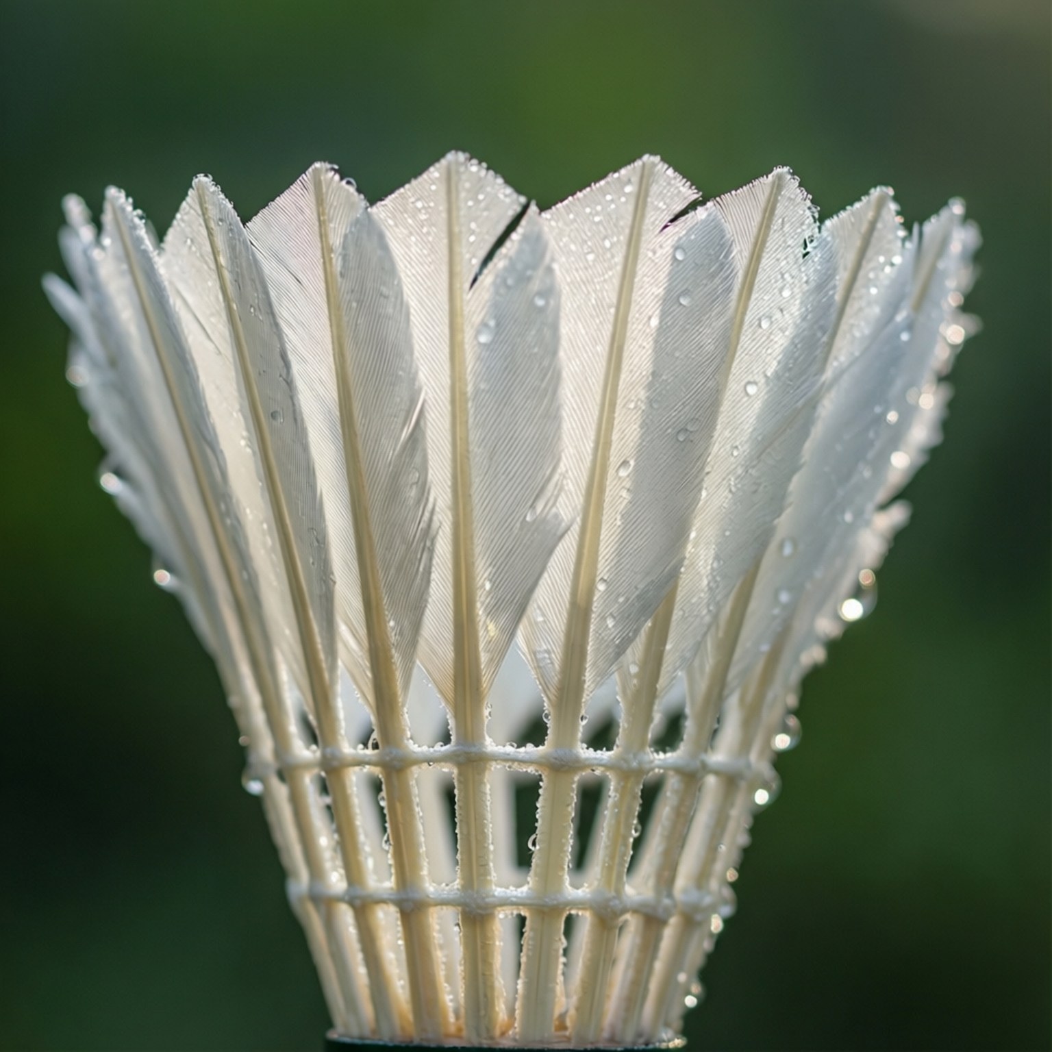 Dewy Feathers Macro 壁紙 — 白色羽毛球近距離特寫，羽毛上閃爍著露珠，背景為模糊的綠色。