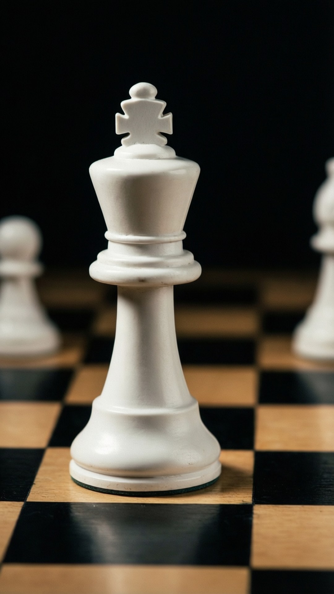 King's Strategy 壁紙 — 白色西洋棋國王特寫，高高立在木製棋盤上，背景棋子模糊。