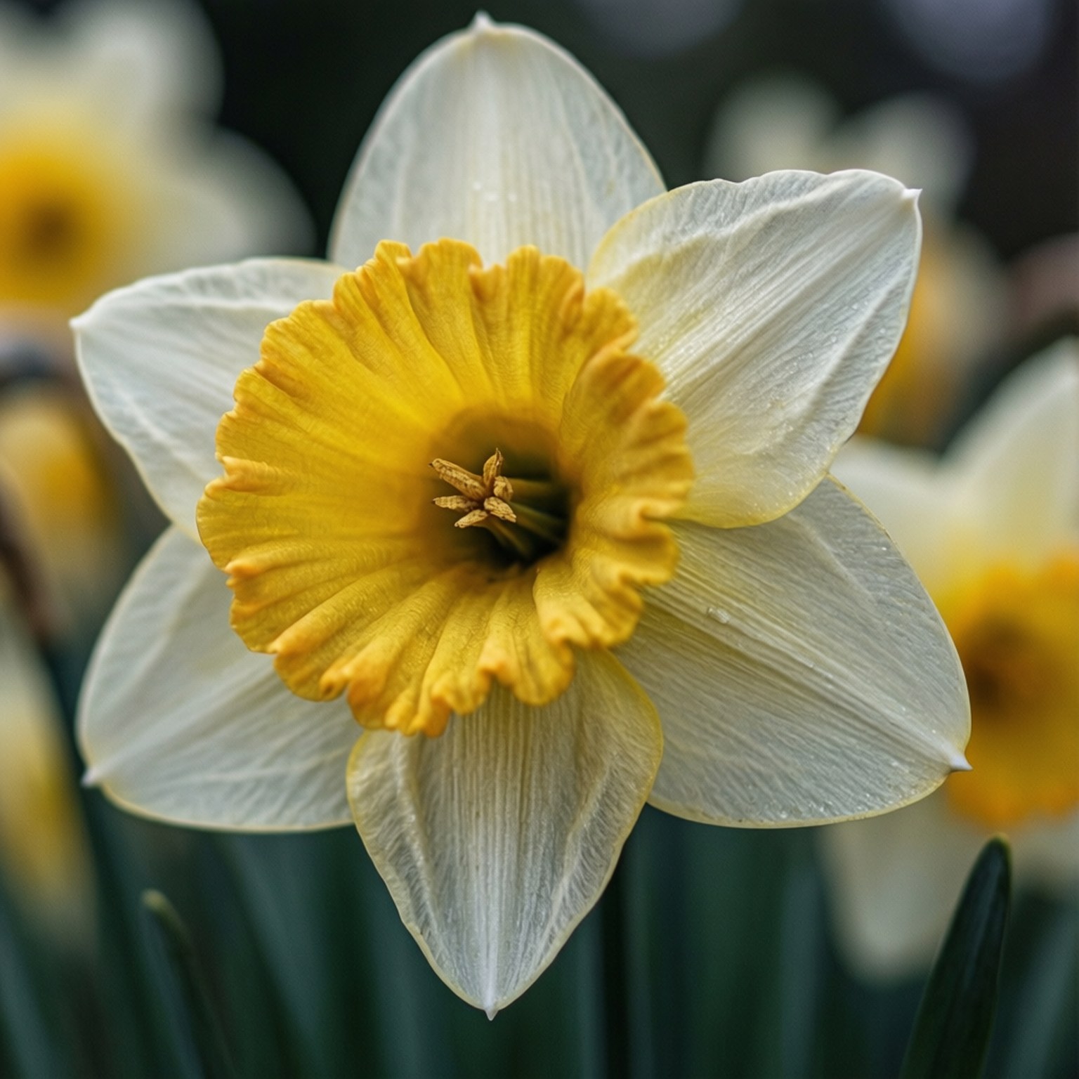 Trumpet Detail Daffodil 壁紙 — 白色水仙花的特寫，帶有明亮的黃色喇叭形中心，花瓣上有細膩的水珠。