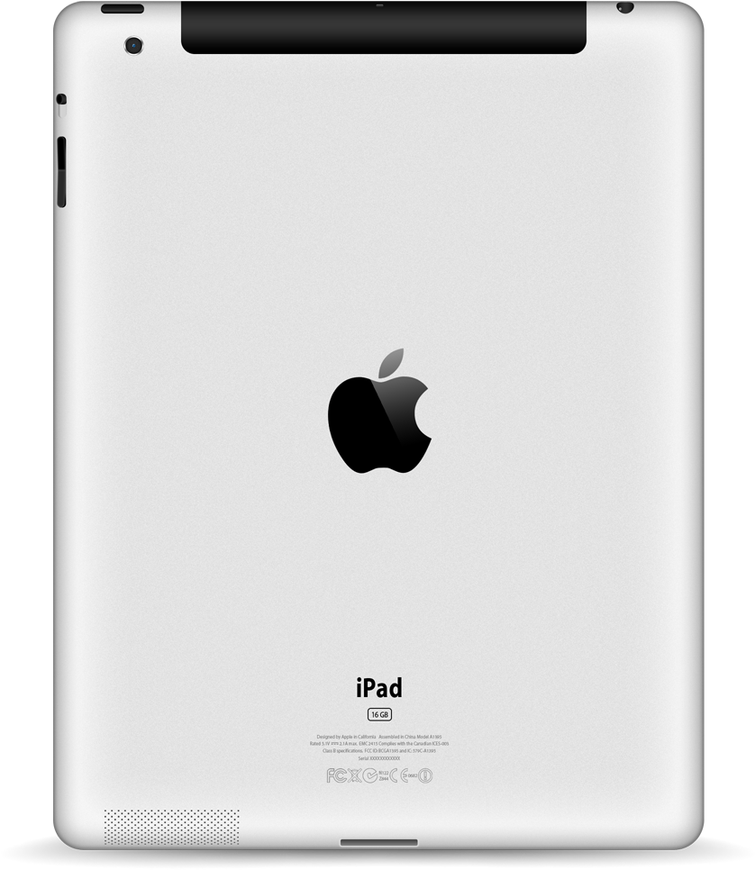 白色Apple iPad背面，配備16GB儲存空間和黑色標誌。 — iPad 壁紙