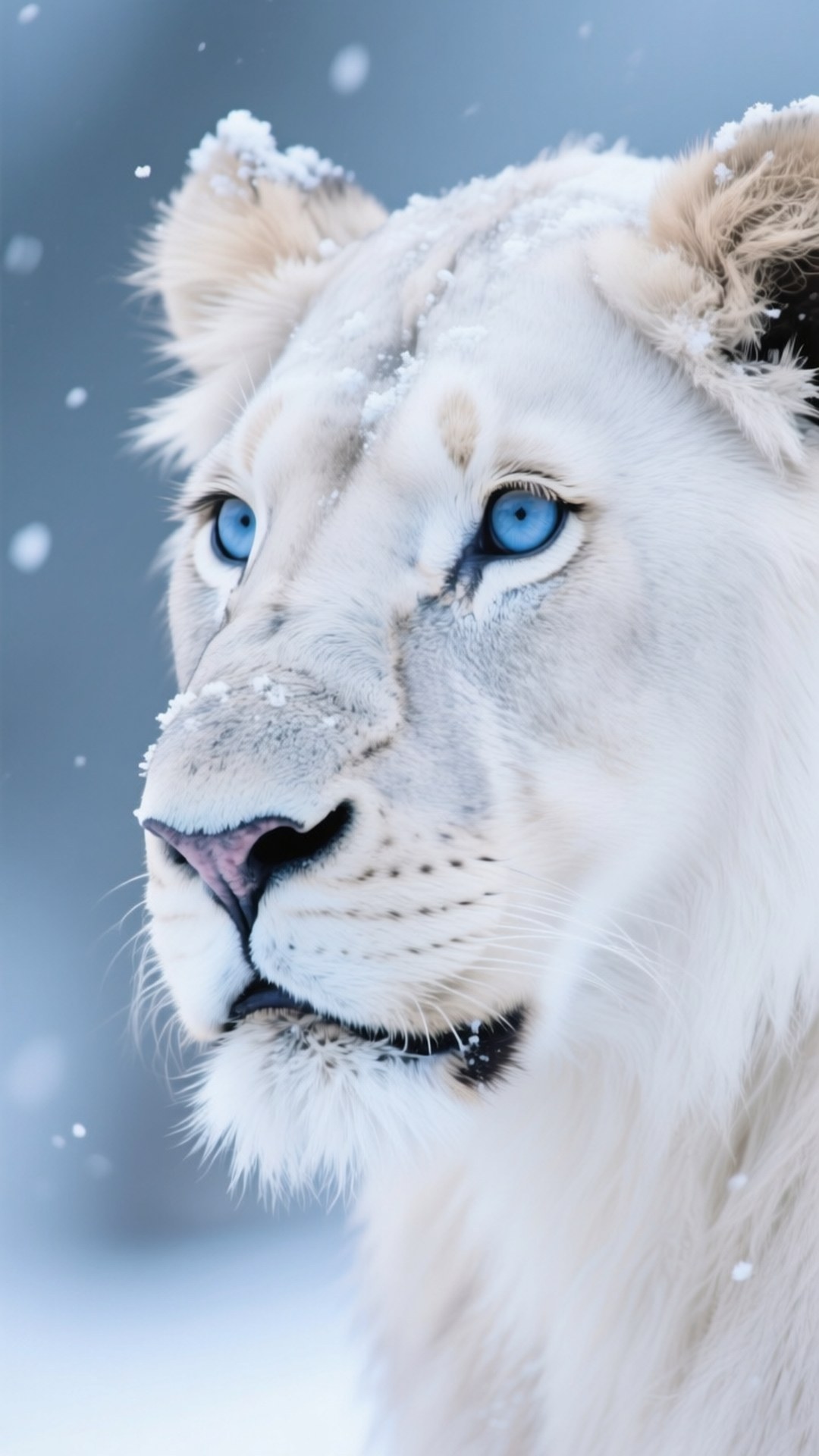 White Lioness in Snow 壁紙 — 一隻白獅子特寫，擁有銳利的藍色眼睛，凝視前方，雪花輕輕飄落在其雪白的毛髮周圍。