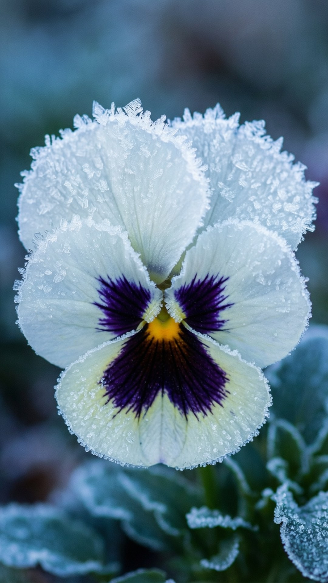 Frosty White Pansy 壁紙 — 白色三色堇的特寫，花瓣上有霜晶，深紫色中心，背景是模糊的冰面。