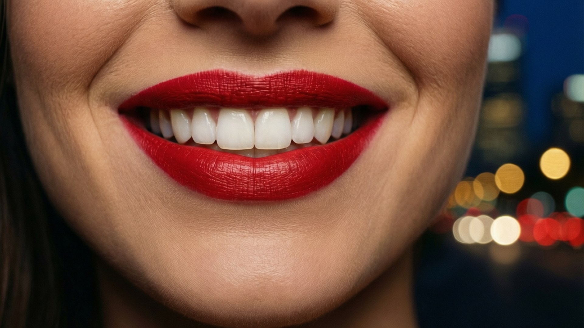 Glamorous Lip Smile 壁紙 — 一個女人微笑的嘴巴特寫，塗著大膽的紅色唇膏，背景是模糊的城市夜景。