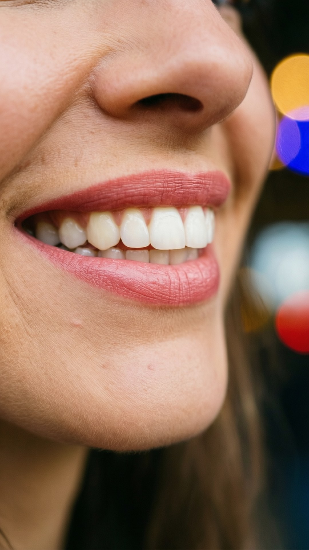 Beautiful Smile Lips 壁紙 — 女性微笑嘴唇的特寫，帶有光澤的粉紅色嘴唇和明亮的白色牙齒，背景是模糊的彩色散景燈光。