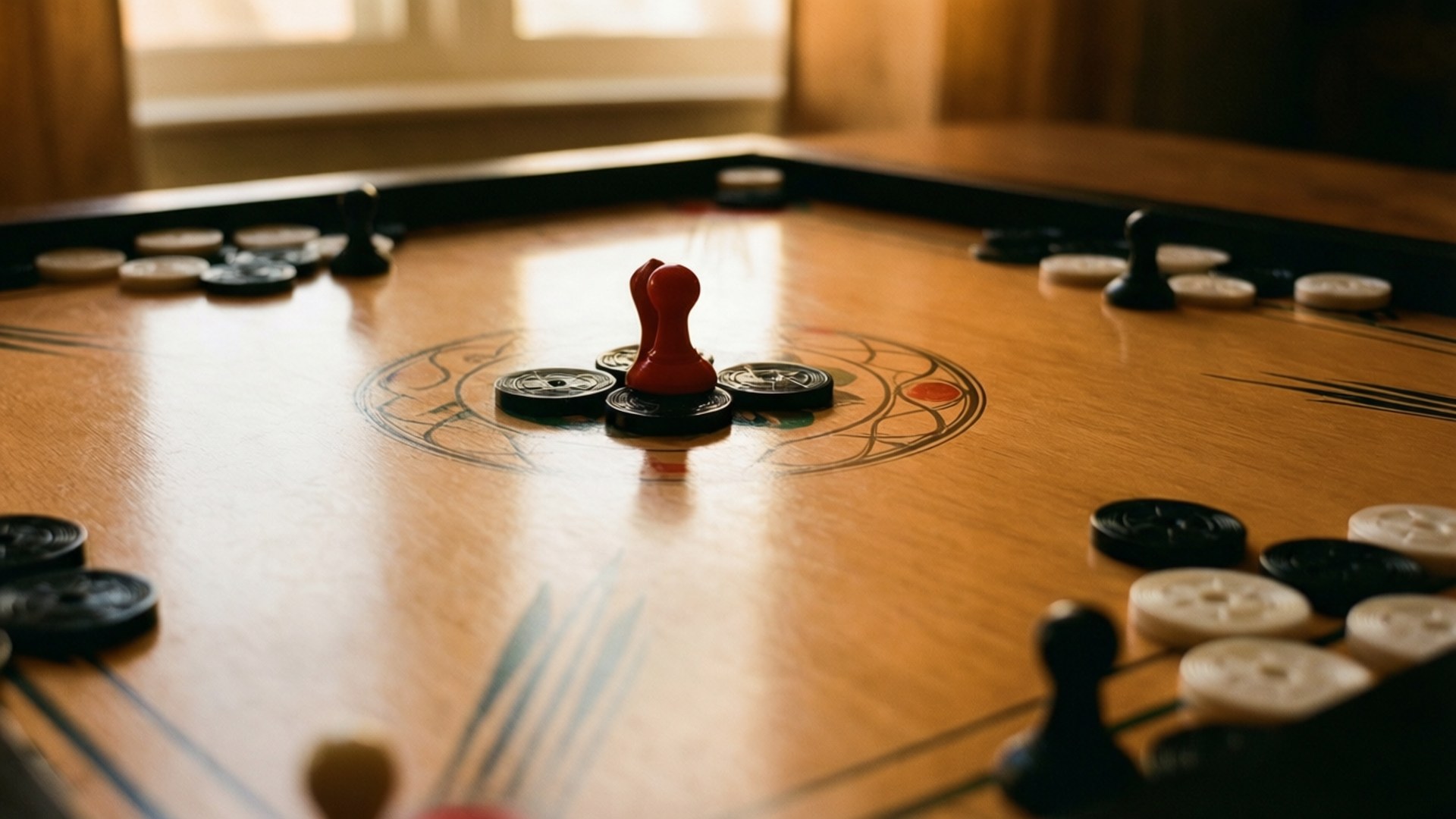 Carrom Board 桌布 壁紙 — 木製雙陸棋盤的特寫，紅色和黑色棋子排列在溫暖的窗光下準備遊戲。