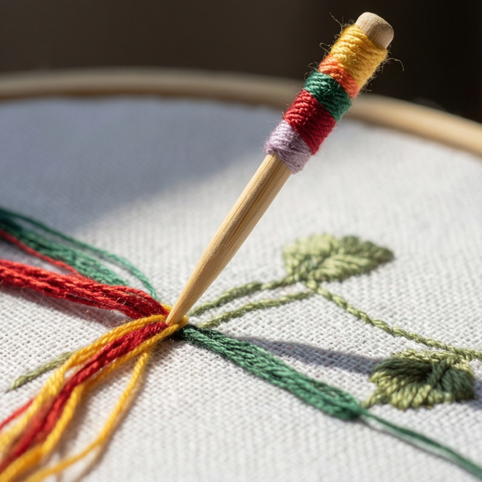 桌布 壁紙 — 木製刺繡針的特寫，穿有彩色紗線，刺穿帶有綠色葉子刺繡的布料，置於繡花框上。