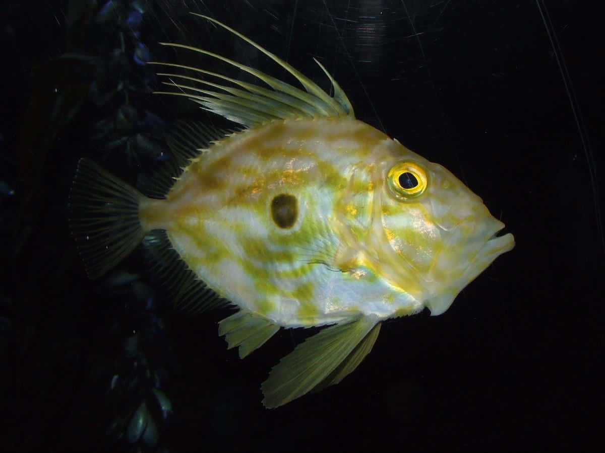  壁紙 — 一條黃白相間、帶有長刺狀魚鰭的魚在深色背景中游動的特寫。