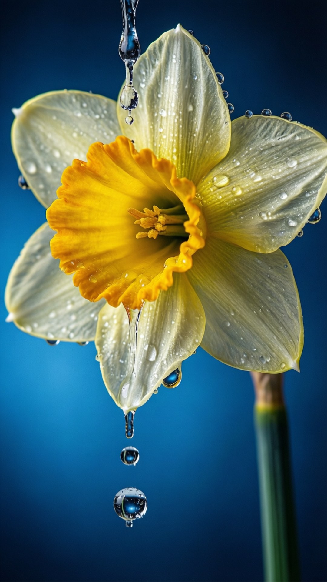 Narcissus Water Drop 壁紙 — 深藍色背景下，黃色水仙花瓣上水滴傾瀉而下的特寫。