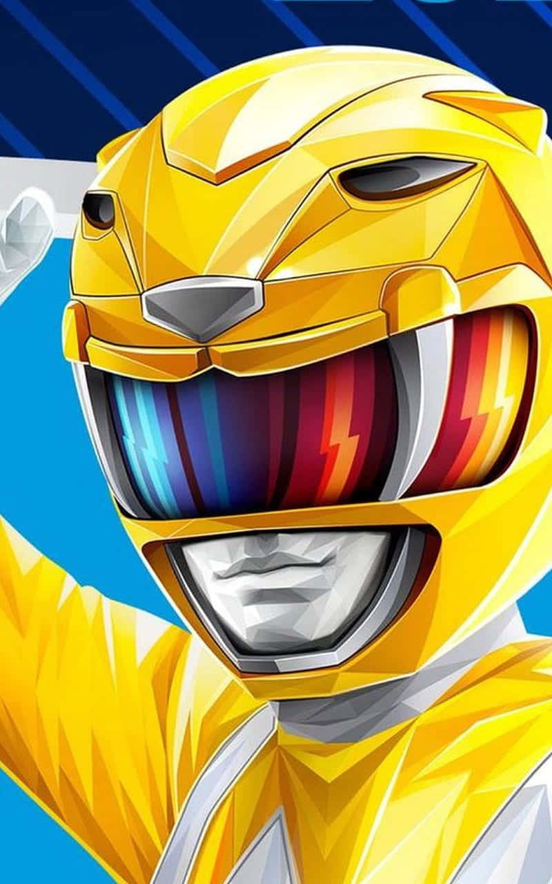 壁紙 — 黃色Power Ranger頭盔的特寫，帶有兇猛的表情和面罩上的彩虹閃電條紋。