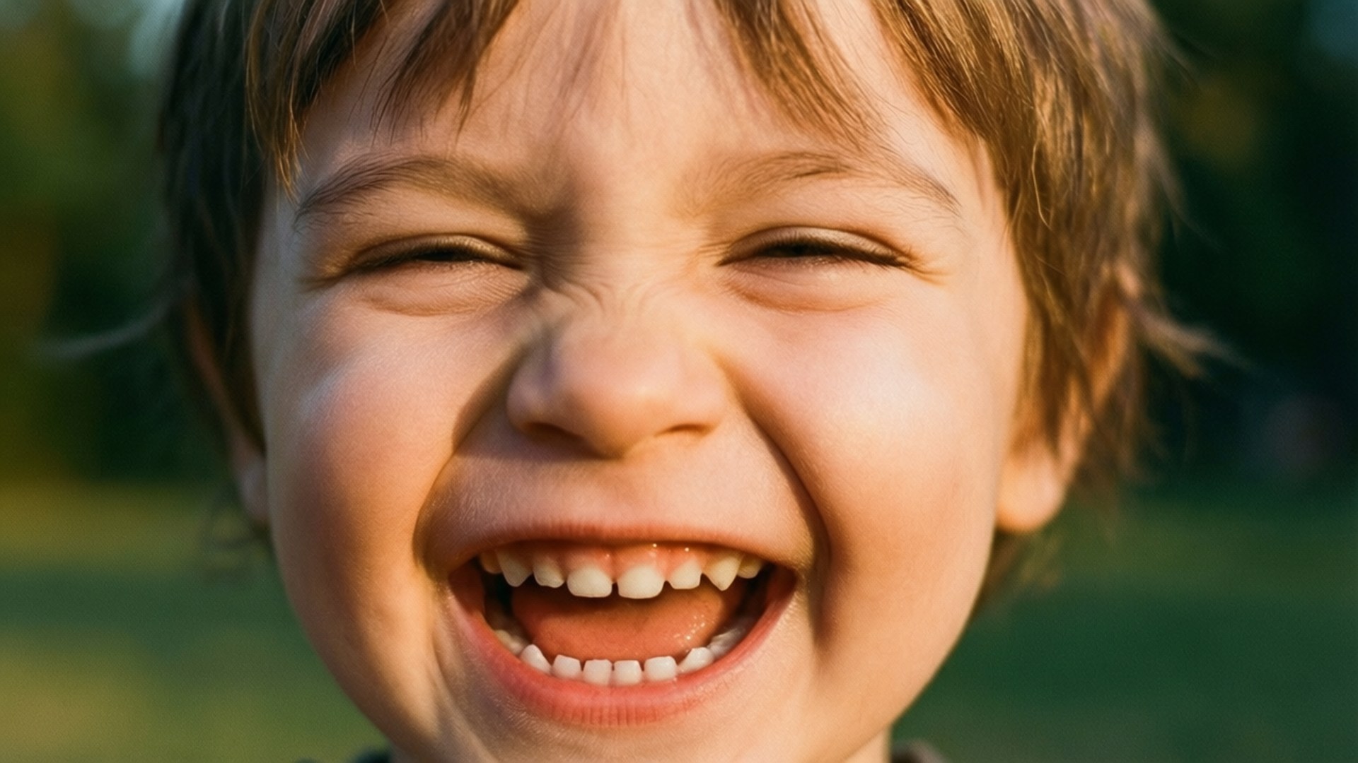 Child's Laughing Smile 壁紙 — 一個幼兒在溫暖陽光下笑得開心，眼睛瞇成一條線，露出牙齒的特寫。