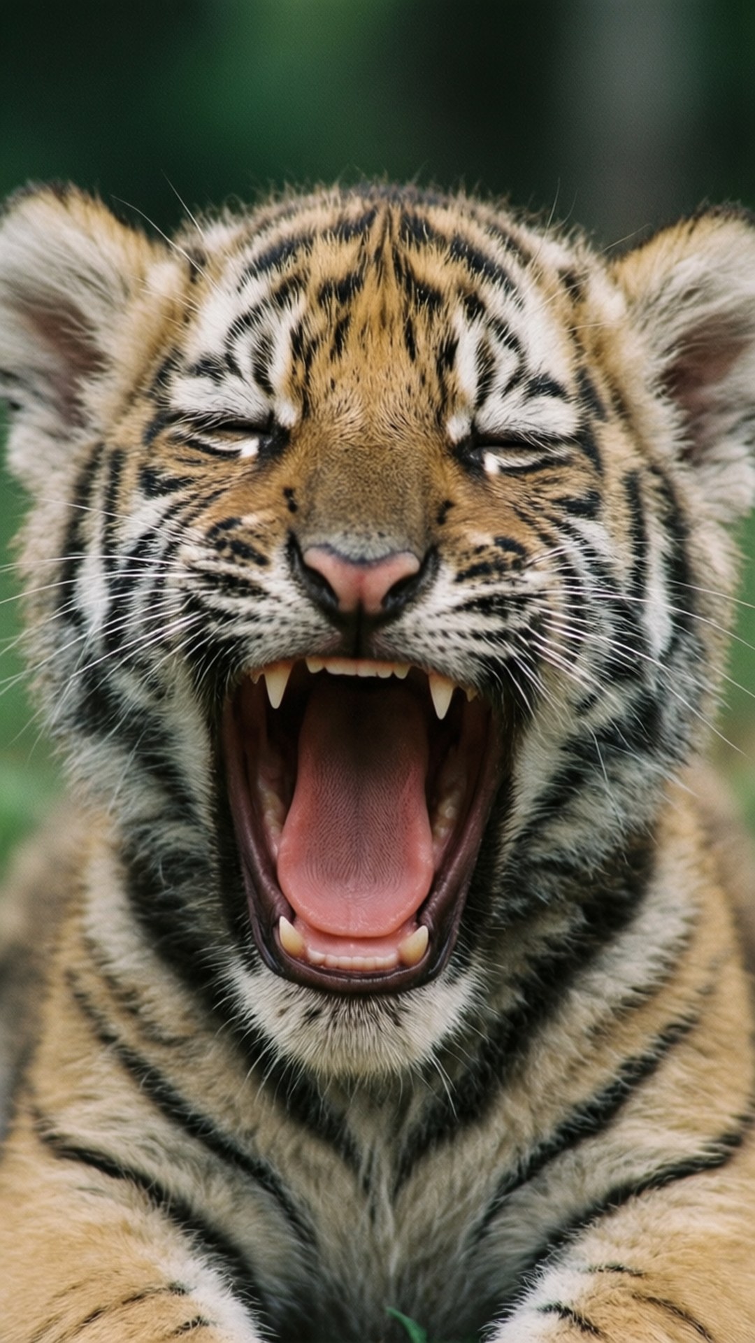 Yawning Cub 壁紙 — 年輕老虎幼崽的特寫，閉著眼睛打哈欠，背景是模糊的綠色。