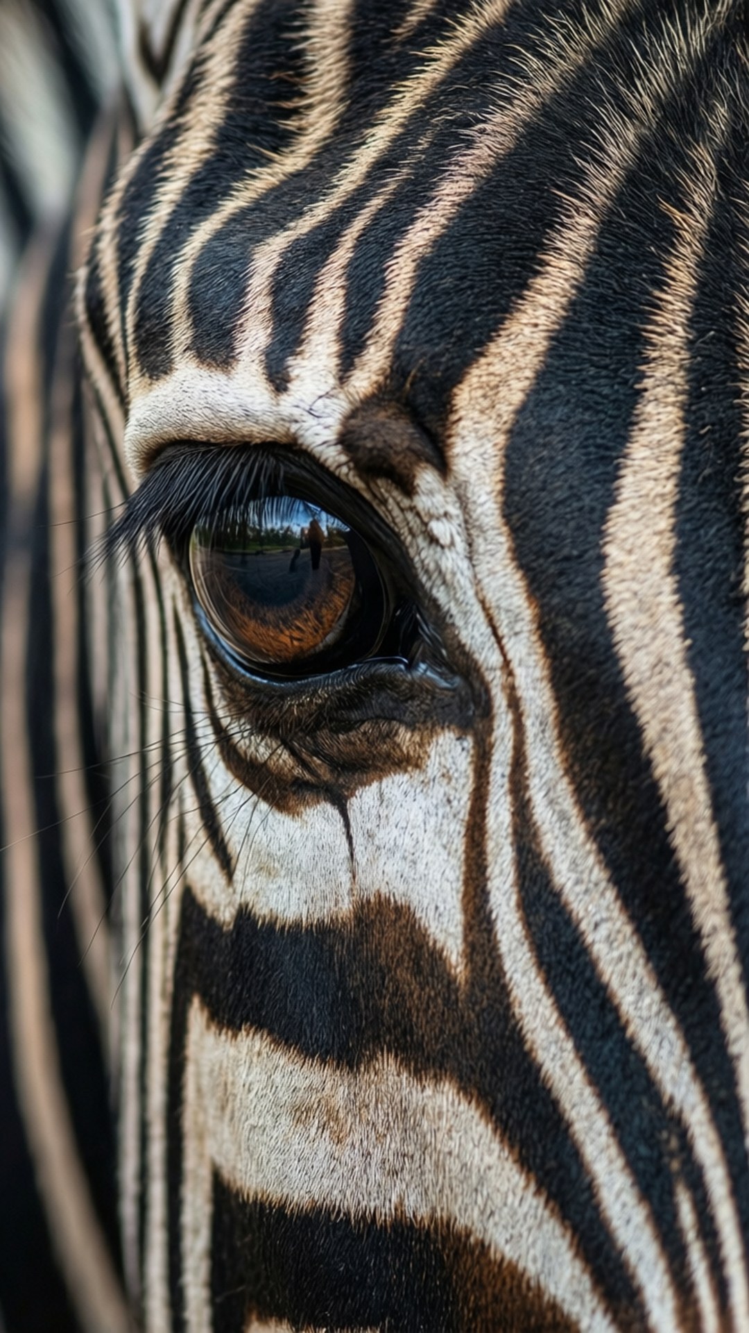 Striped Eye Macro 壁紙 — 斑馬眼睛的特寫，在其標誌性的黑白條紋皮毛上反射出一棵樹。
