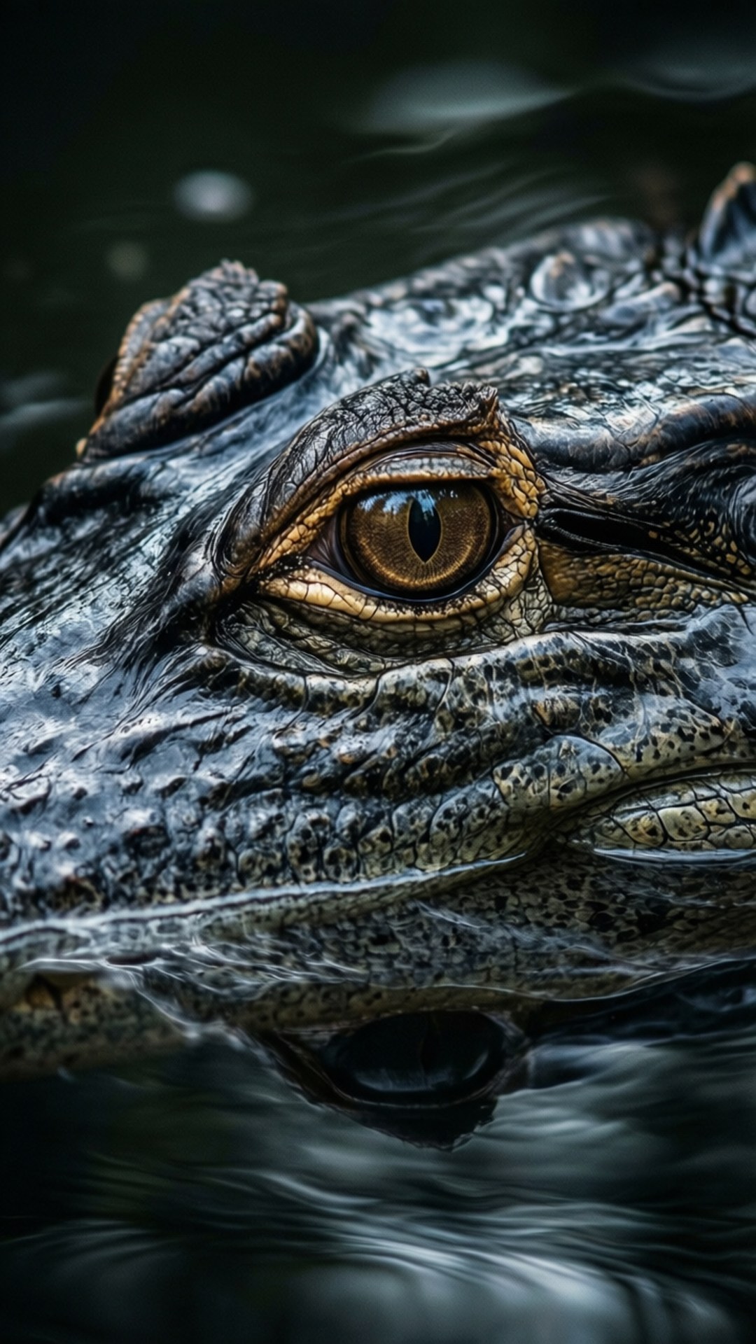 Alligator Eye Close-Up 壁紙 — 短吻鱷的紋理鼻和琥珀色眼睛從黑暗漣漪水中浮現的特寫。