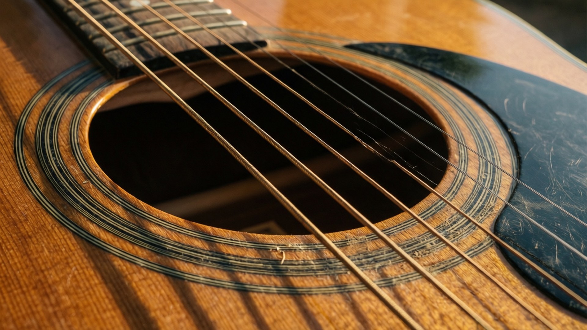 Vintage Acoustic Detail 壁紙 — 木吉他共鳴箱的特寫，陽光下的木紋和繃緊的弦線。