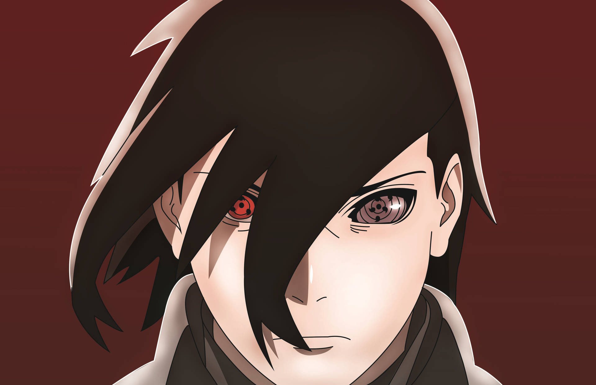 動漫角色，紅紫雙瞳，黑髮，紅色背景。 — Sasuke 壁紙
