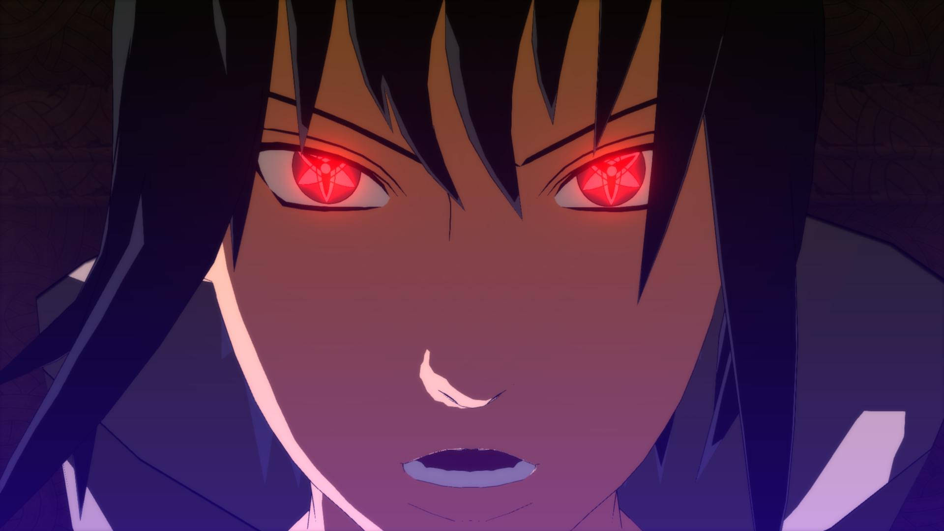 動漫角色，擁有發光的紅色眼睛和深色頭髮，處於昏暗環境中。 — Sasuke 壁紙