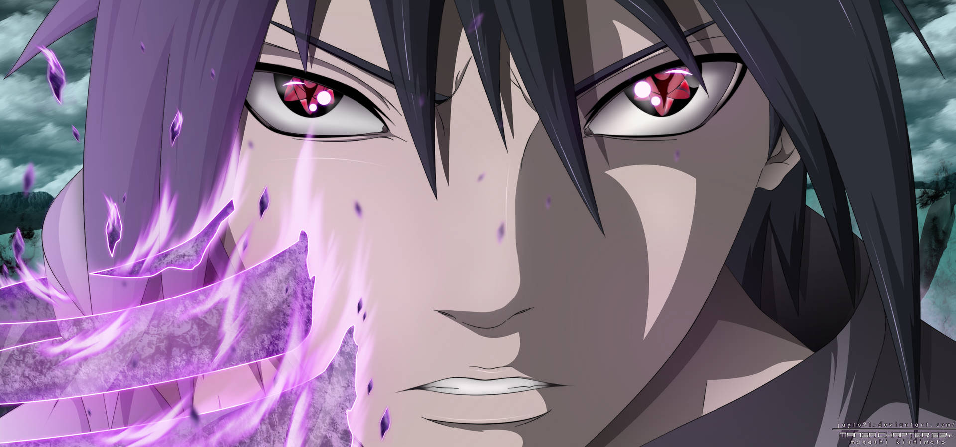 動漫角色在暴風雨場景中，雙眼發出紅光並帶有紫色能量。 — Sasuke 壁紙