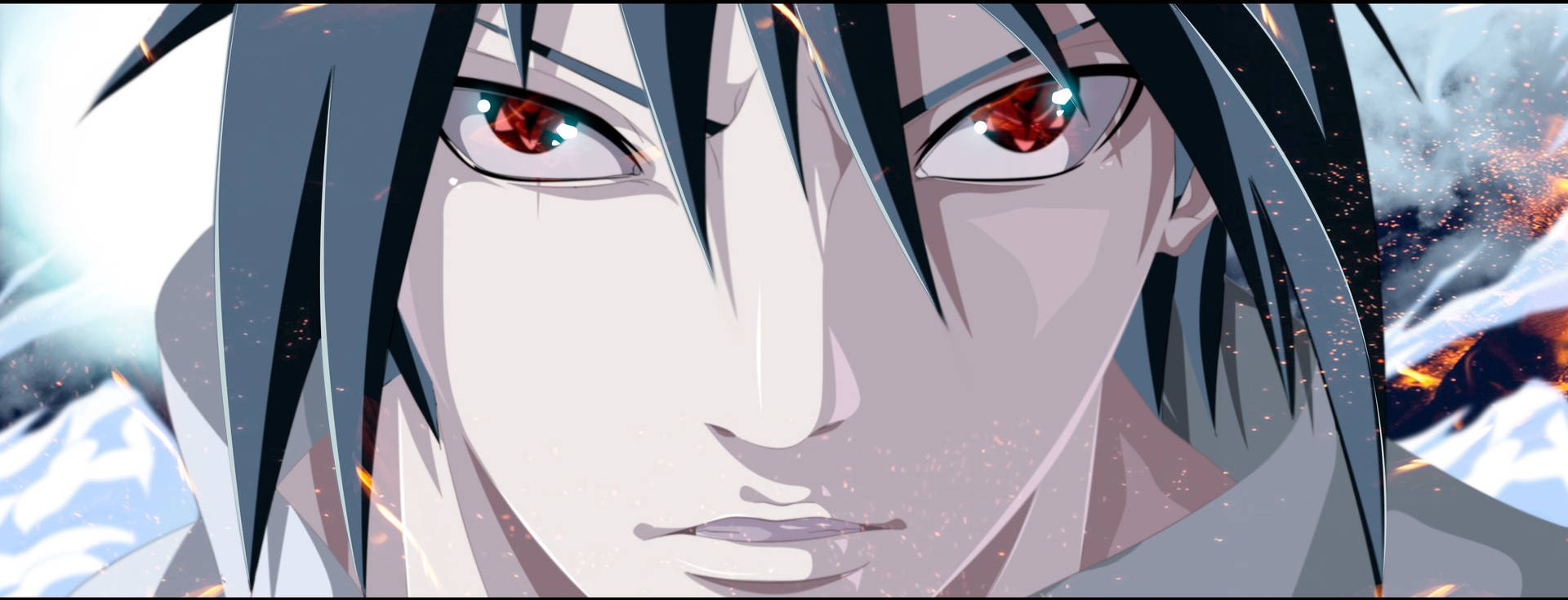 動漫角色，紅眼睛和深色頭髮，置身於火與雪之中。 — Sasuke 壁紙