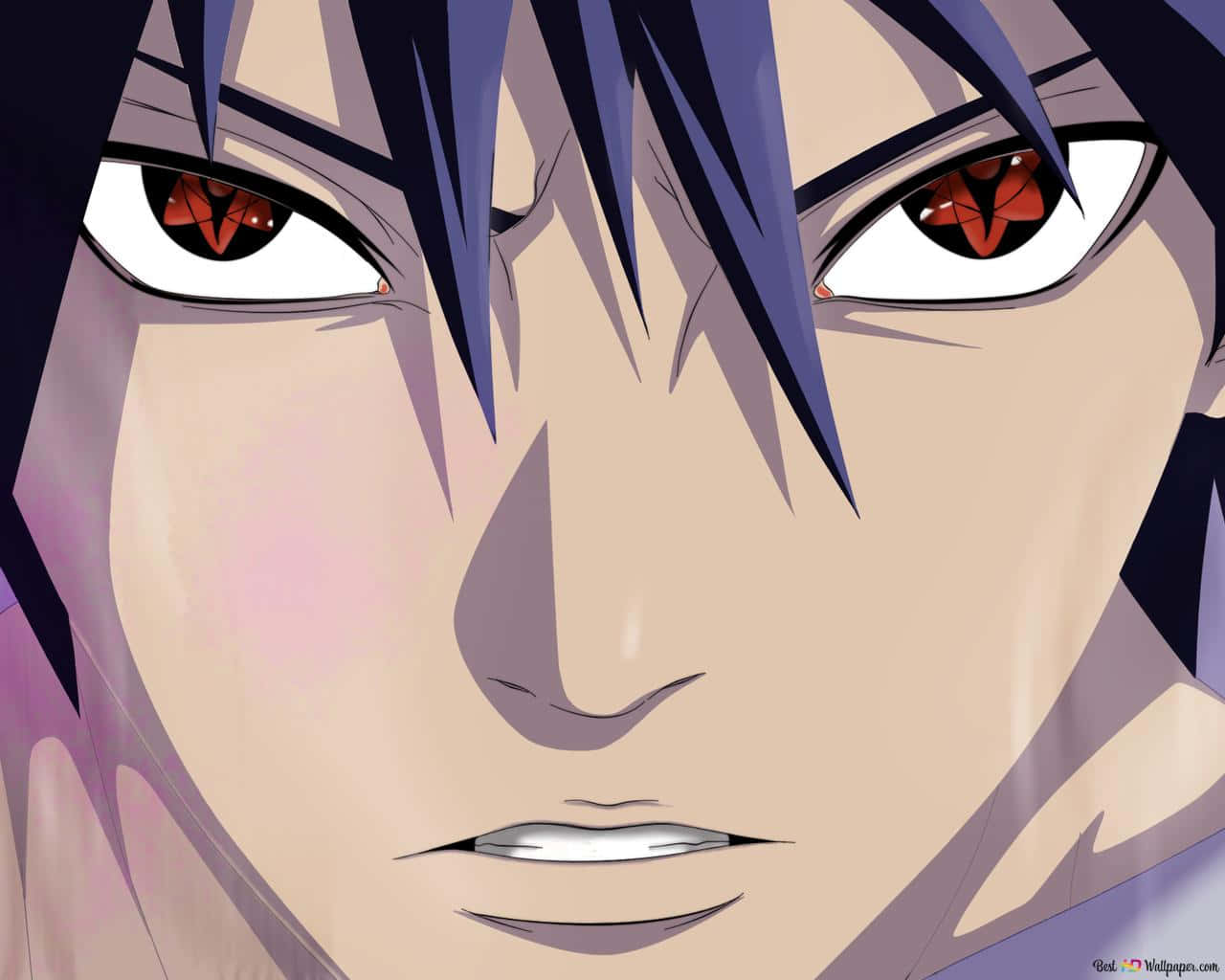 動漫角色，紅眼睛和紫髮，強烈凝視。 — Sasuke 壁紙