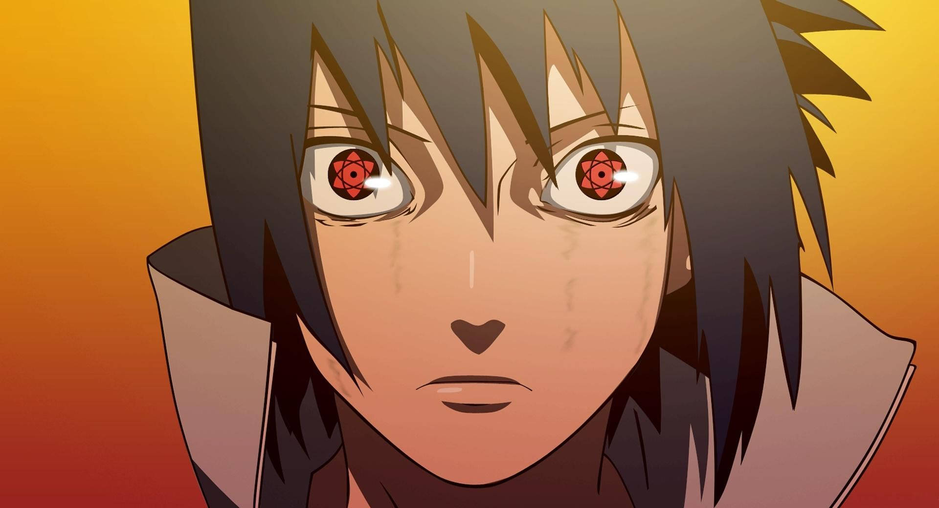 動漫角色，紅色的巴紋眼睛和深色頭髮，橙色背景。 — Sasuke 壁紙