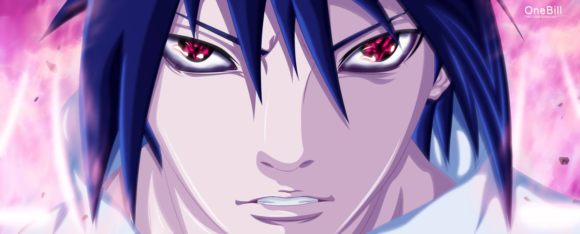 動漫角色，藍色頭髮和發光的紅色眼睛，在動態能量爆發中。 — Sasuke 壁紙