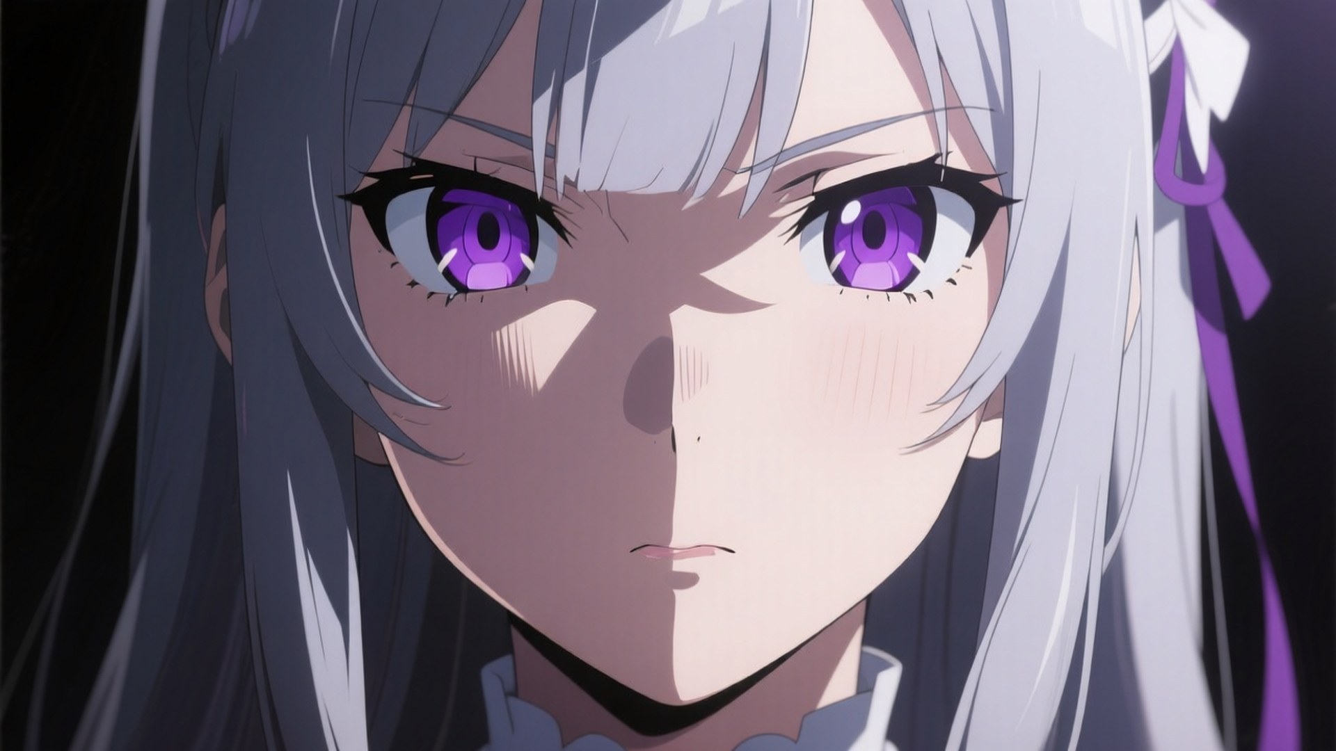 Emilia's Gaze 壁紙 — 銀色頭髮和強烈紫色眼睛的動漫女孩特寫，以嚴肅的表情凝視前方。