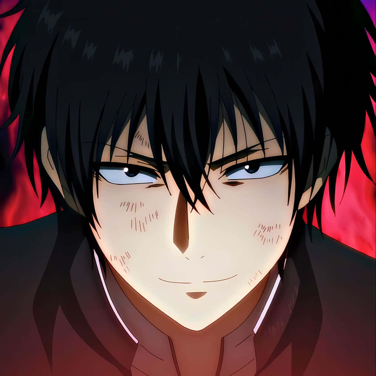 Yuuichi Katagiri 桌布 壁紙 — 動畫男性角色特寫，黑髮、強烈藍眼，背景為火紅色。