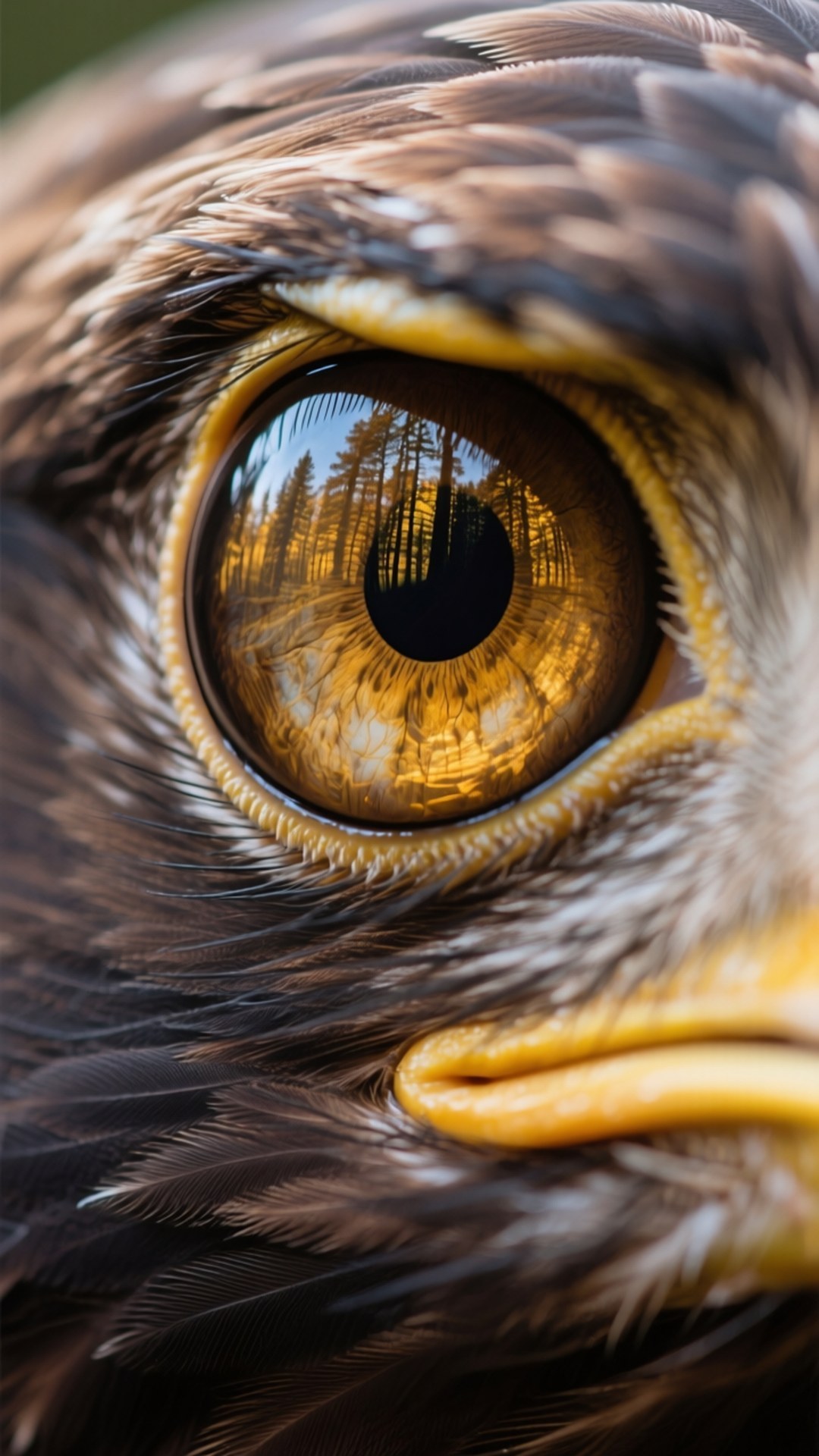 Eagle Eye Macro 壁紙 — 鷹眼特寫，反射出金色森林、高聳樹木和柔和光線。