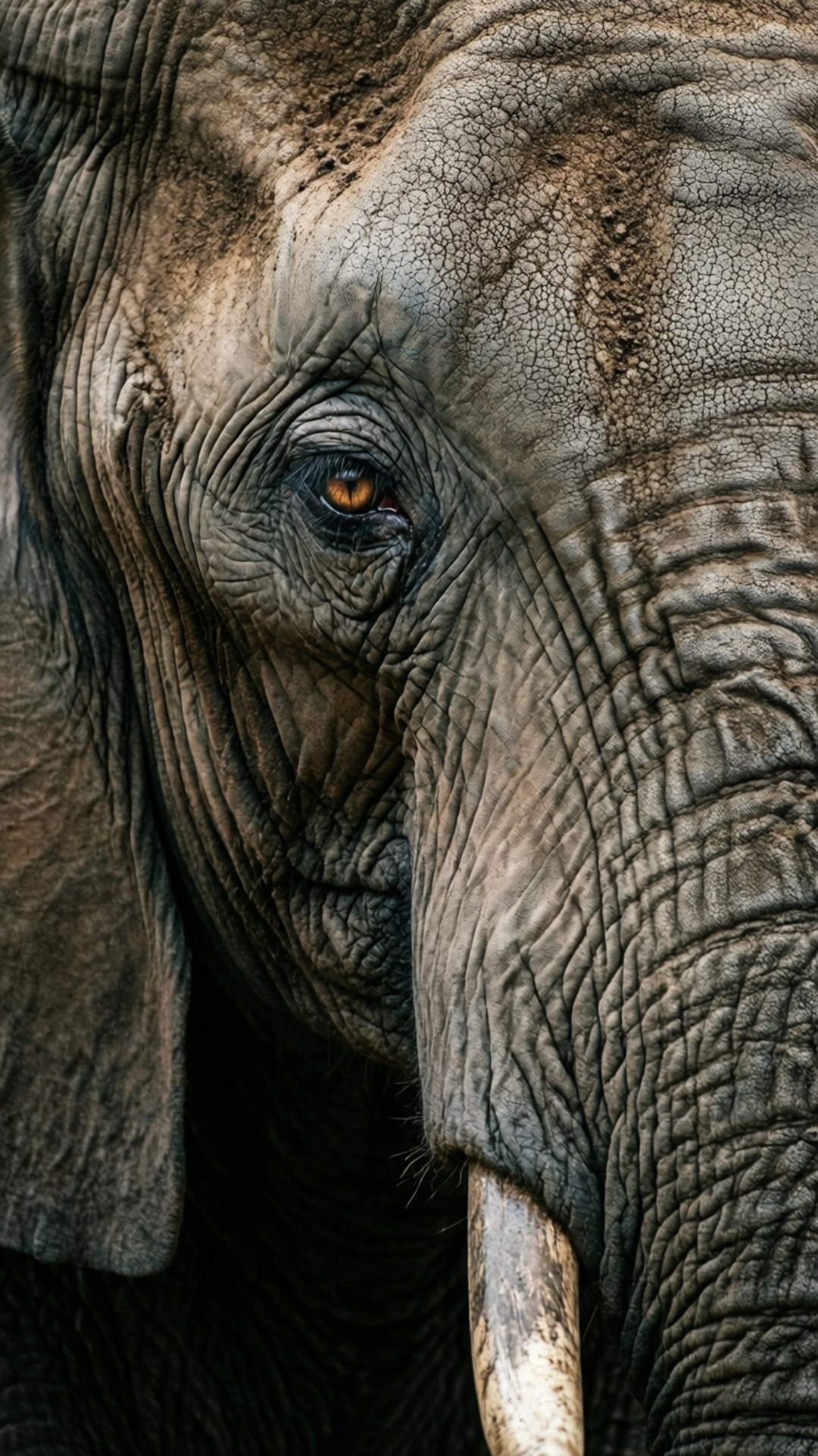 Elephant Eye Wisdom 壁紙 — 大象佈滿皺紋的灰色臉部特寫，帶有溫暖的琥珀色眼睛和象牙，在柔和自然光下。