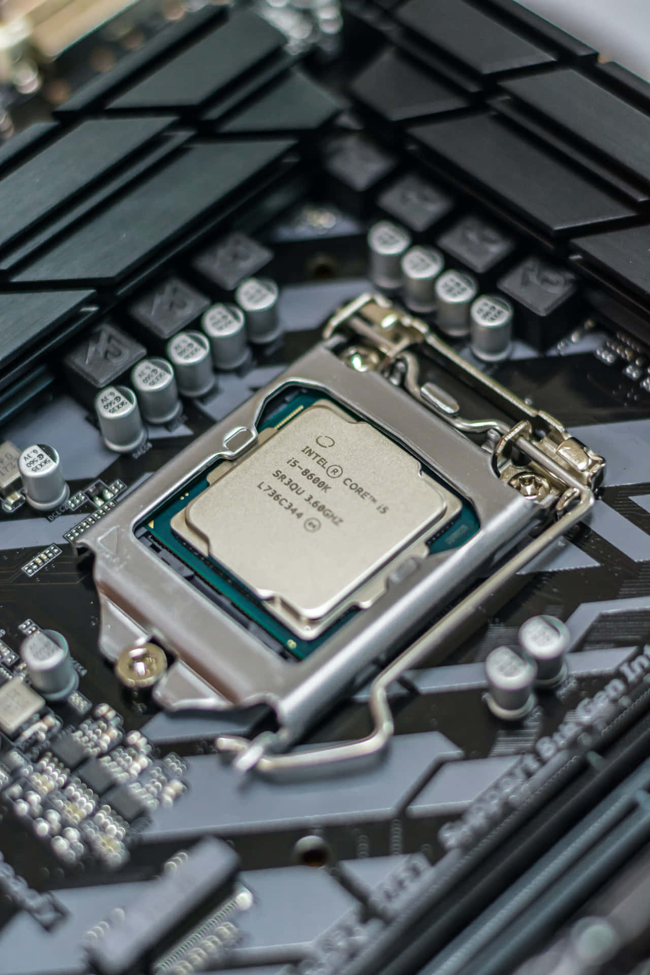 科技動圖 桌布 壁紙 — Intel Core i5 14600K 處理器安裝在黑色主機板上的特寫，帶有銀色電容和電路。