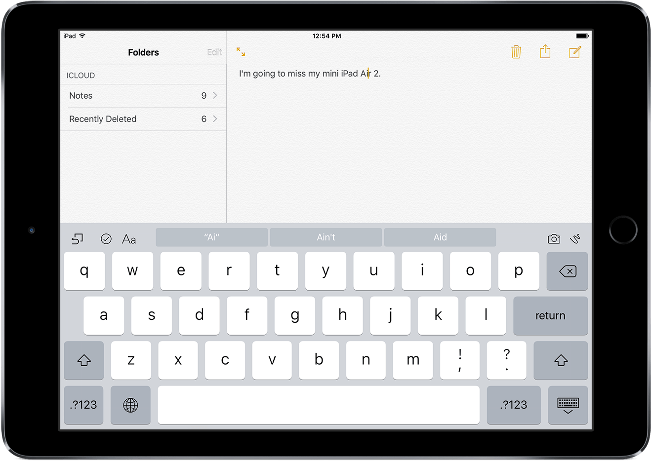 iPad 螢幕顯示備忘錄應用程式，帶有文字輸入和螢幕鍵盤 — iPad 壁紙
