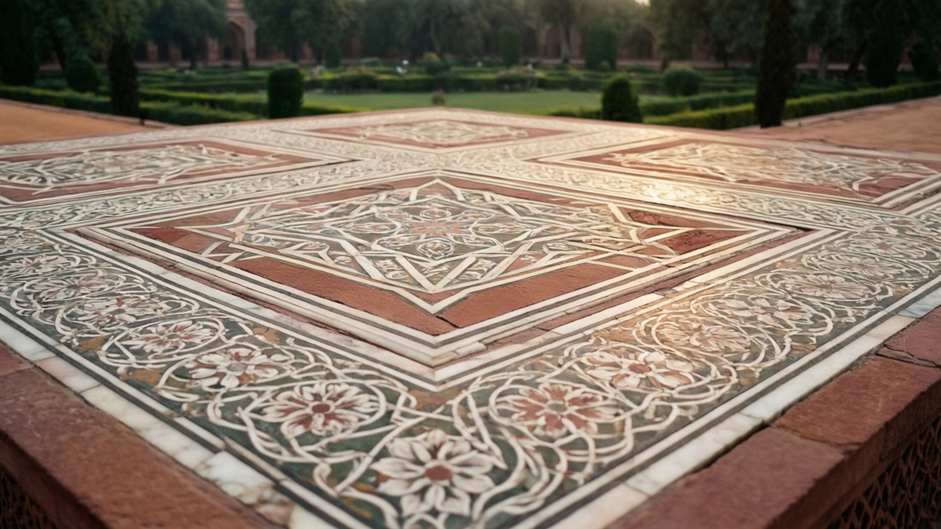 Tomb Intricate Art 壁紙 — 近距離拍攝華麗的幾何和花卉馬賽克地板，採用溫暖大地色調，背景是模糊的花園。