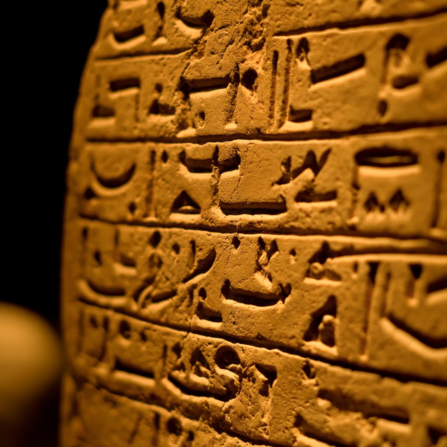 Cuneiform Clay Tablet 壁紙 — 古老雕刻象形文字的特寫，刻在風化的石板上，被溫暖的金色光芒照亮。