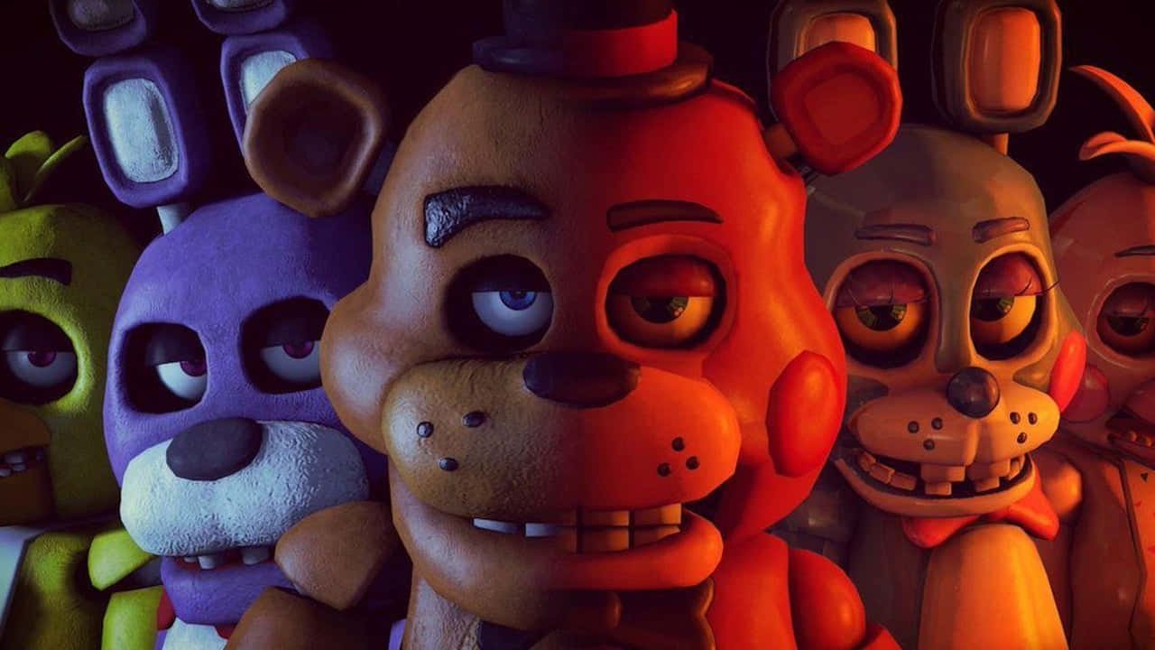 Five Nights At Freddys 桌布 壁紙 — Five Nights at Freddy's 的動畫角色特寫，在溫暖紅色燈光下帶有詭異表情。