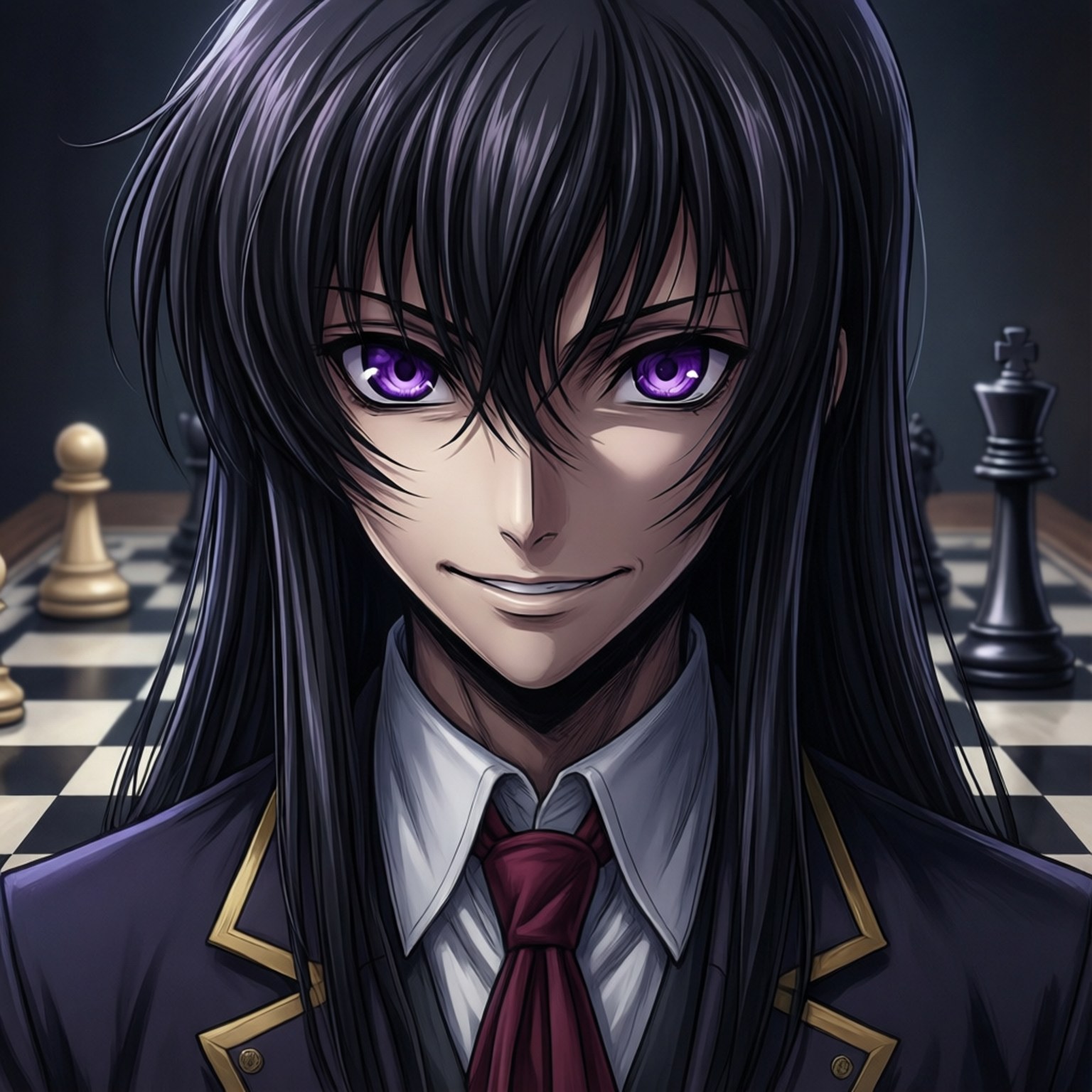 Lelouch's Mysterious Smile 壁紙 — 一個動漫角色的特寫，長長的黑髮和發光的紫色眼睛，站在一個有棋子的棋盤上。