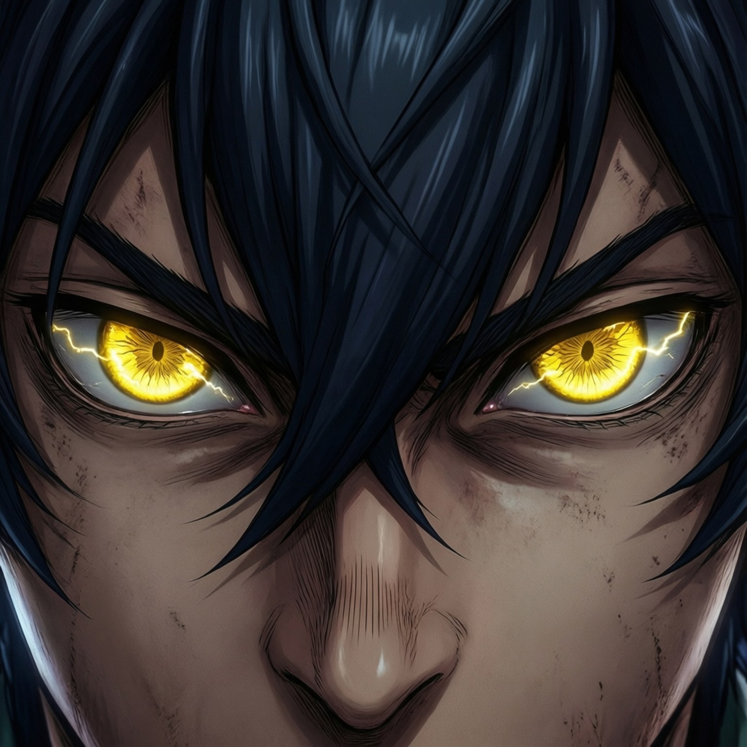 Eye Close-up Zenitsu 壁紙 — 動漫角色特寫，擁有發光的黃色眼睛，閃爍著閃電，深藍色頭髮襯托出兇猛的表情。