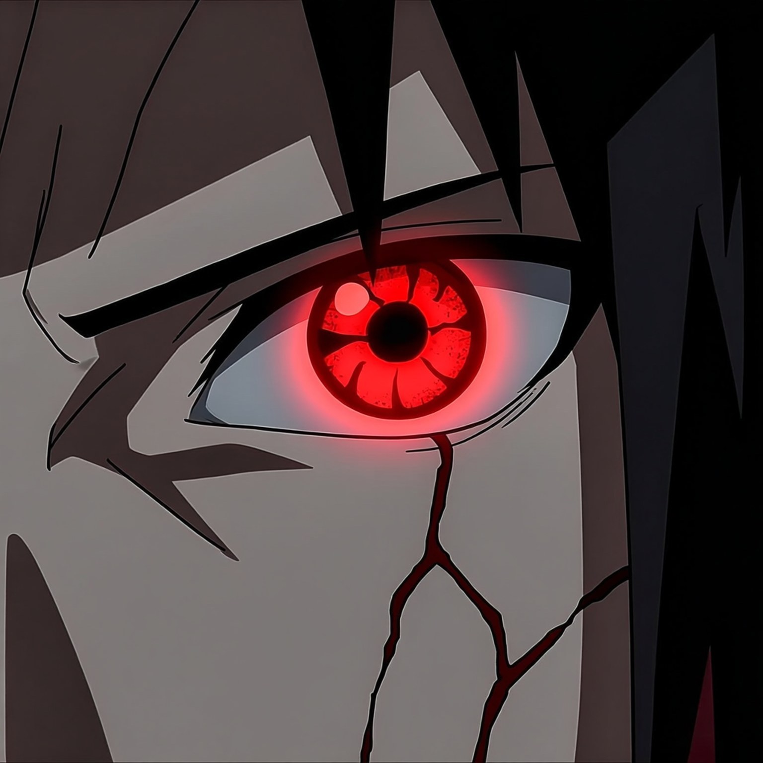 Sharingan Gaze 壁紙 — 動漫角色眼睛的特寫，發出紅光，帶有螺旋圖案，裂縫從角落擴散。