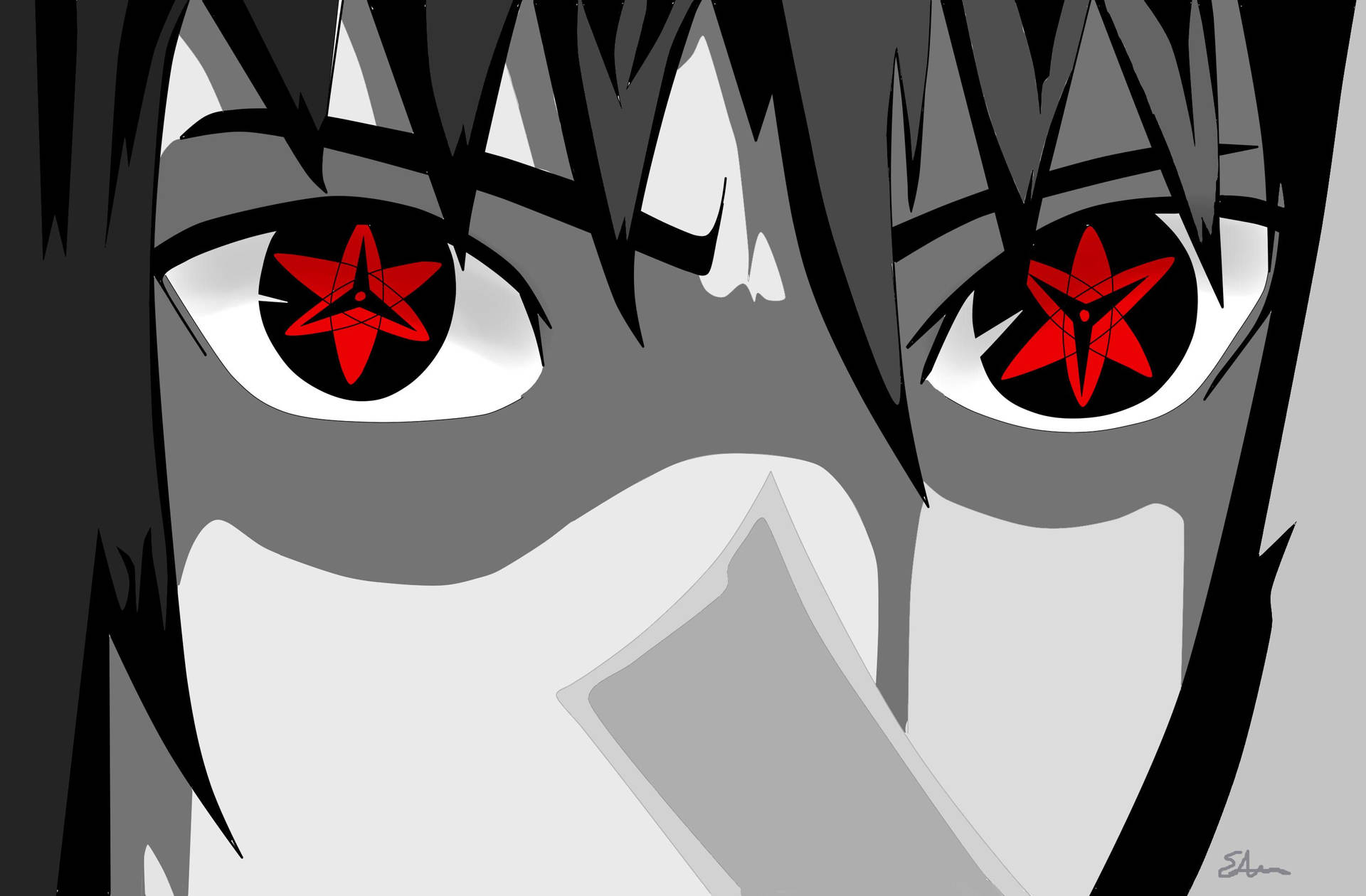 擁有紅色星形瞳孔和深色頭髮的動漫角色 — Sasuke 壁紙