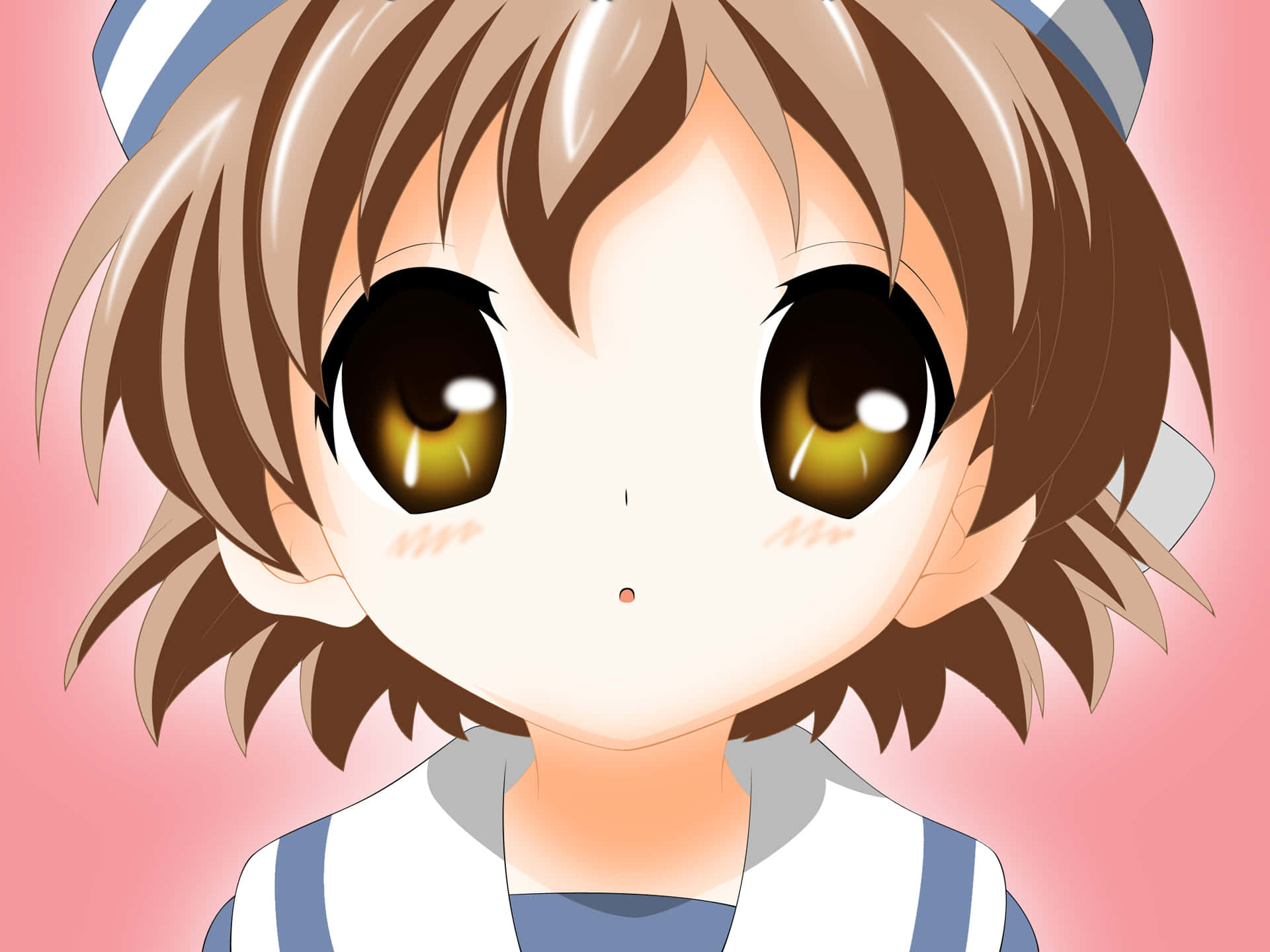 Ushio Okazaki 桌布 壁紙 — 一個特寫鏡頭，一位棕色頭髮、金色大眼睛的動漫女孩穿著水手服，背景是柔和的粉紅色。