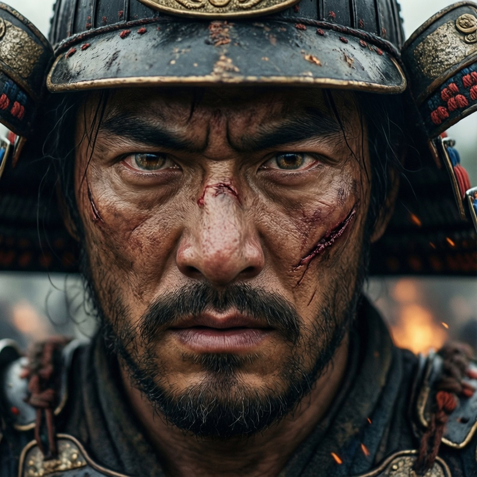 戰士之眼 壁紙 — 一名戰損武士的近距離特寫，頭盔下血跡斑斑的臉龐和凌厲的眼神。