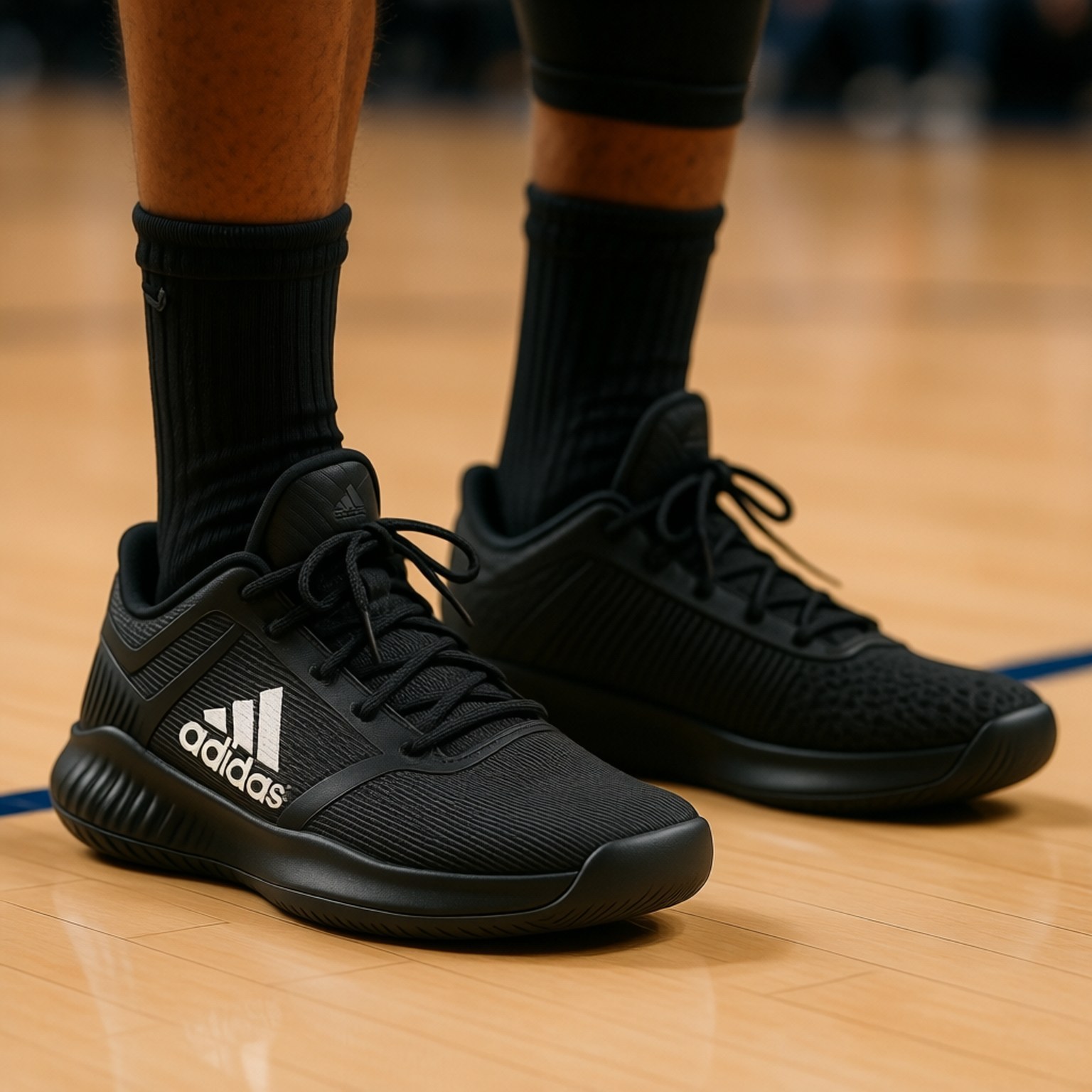 Adidas Sneakers CloseUp 壁紙 — 黑色 adidas 籃球鞋特寫，在拋光木地板上搭配黑色襪子。