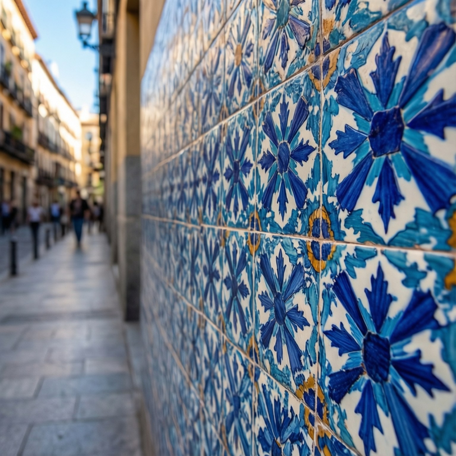 Madrid Azulejo Details 壁紙 — 特寫鏡頭：陽光普照的歐洲街道上，排列著鮮豔的藍白花卉陶瓷磚，背景有模糊的行人。