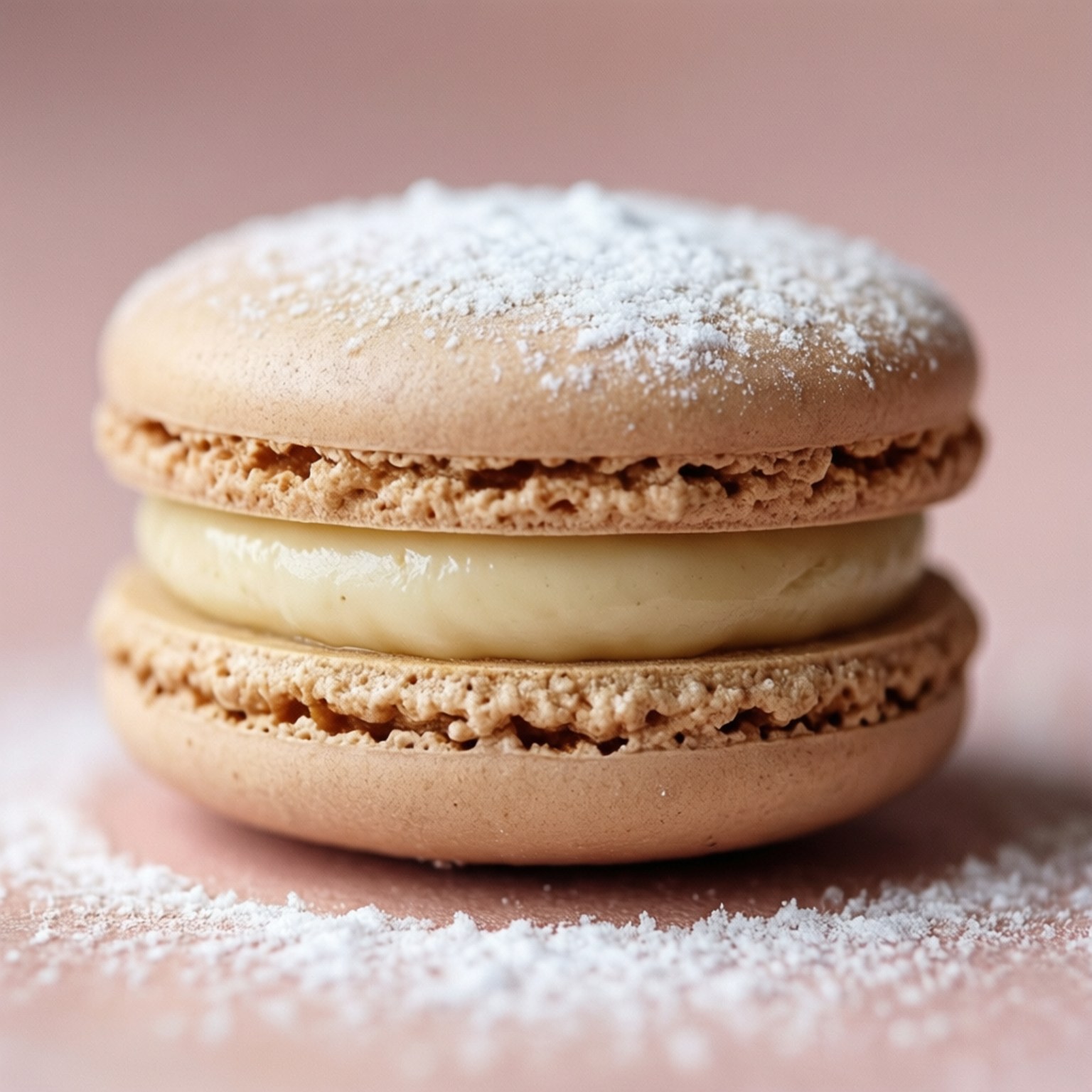 Beige Macaron Delight 壁紙 — 巧克力馬卡龍近距離特寫，撒上糖粉，背景是柔和粉紅色。