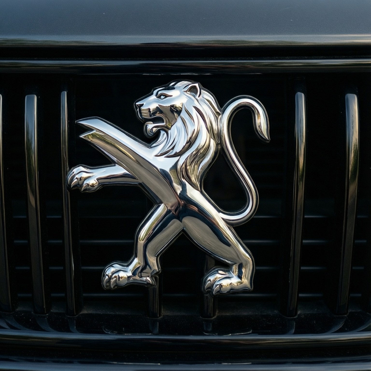Lion Emblem Detail 壁紙 — 黑色汽車格柵上帶有垂直條紋的鍍鉻獅子標誌特寫。