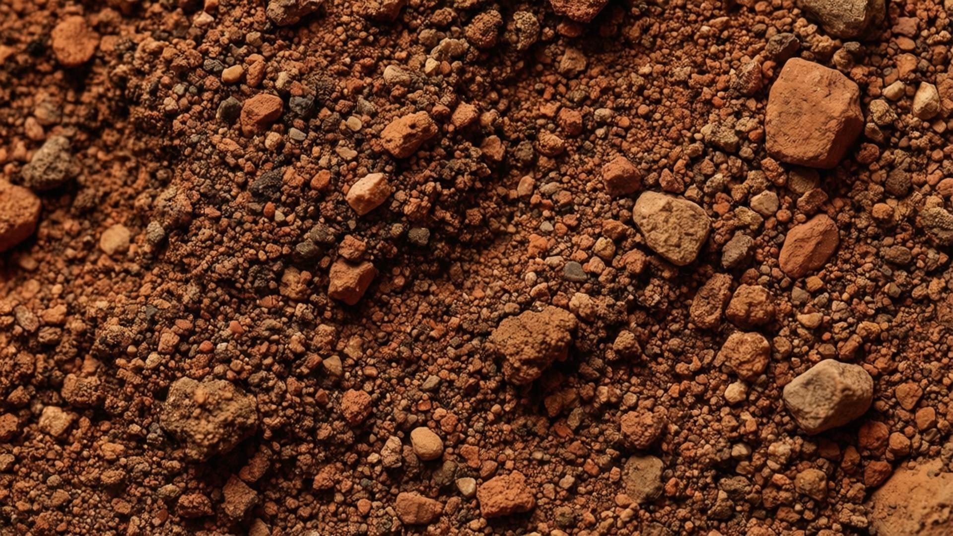 Mars Soil Texture 壁紙 — 柔和光線下粗糙紅褐色土壤的特寫，散佈著小石頭和顆粒。