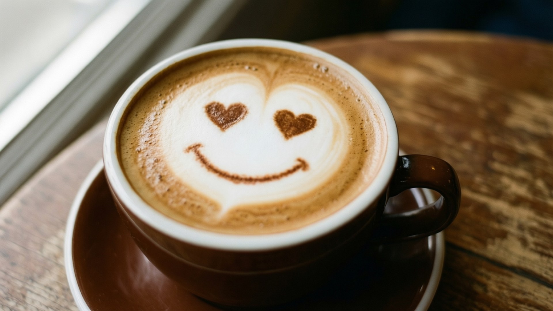 Happy Latte Art 壁紙 — 窗邊木桌上咖啡杯的特寫，杯上有心形眼睛微笑的拉花藝術。