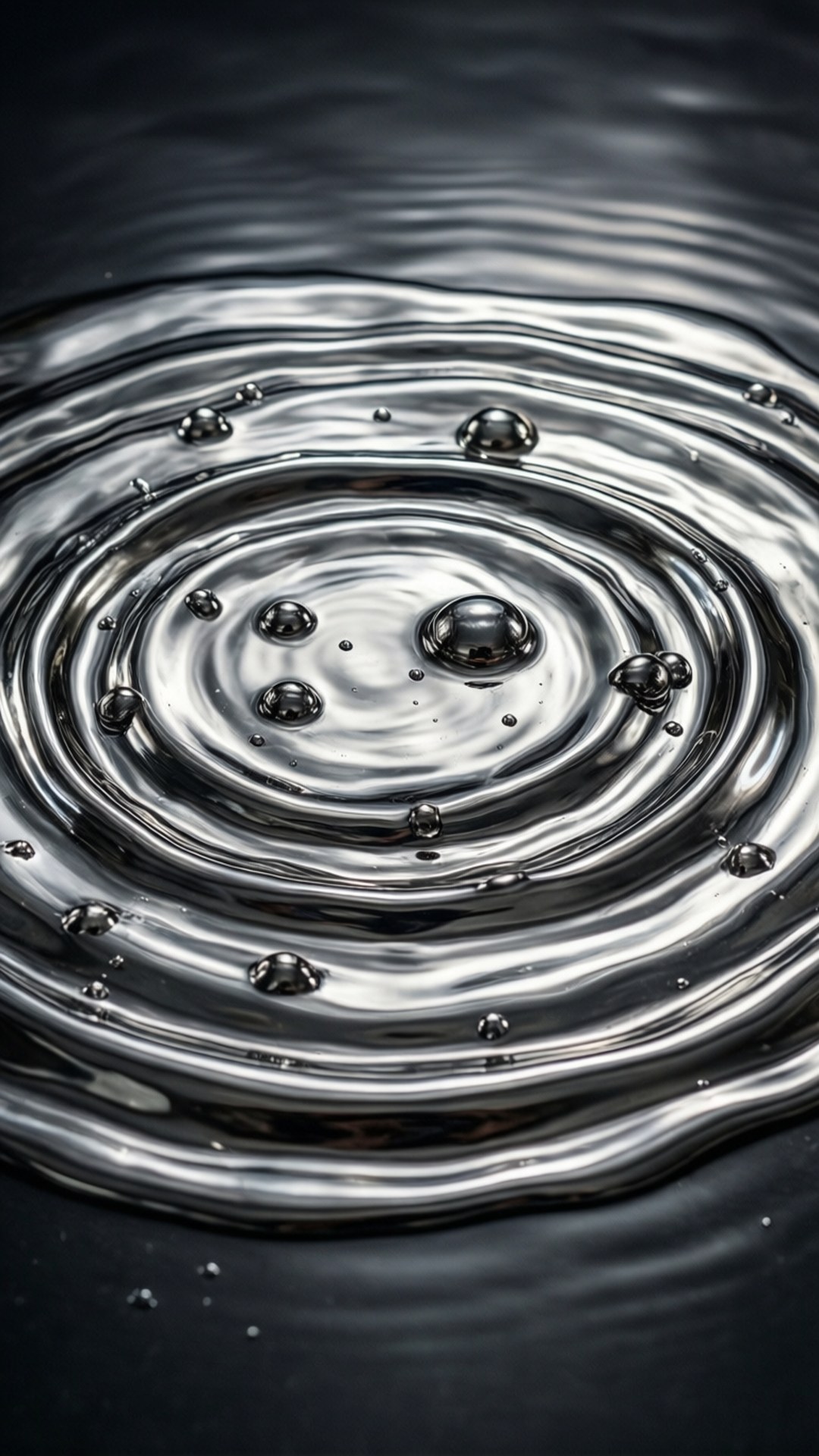 Mercury Ripples 壁紙 — 特寫鏡頭：在深色反光表面上，從中央水滴擴散的同心漣漪。