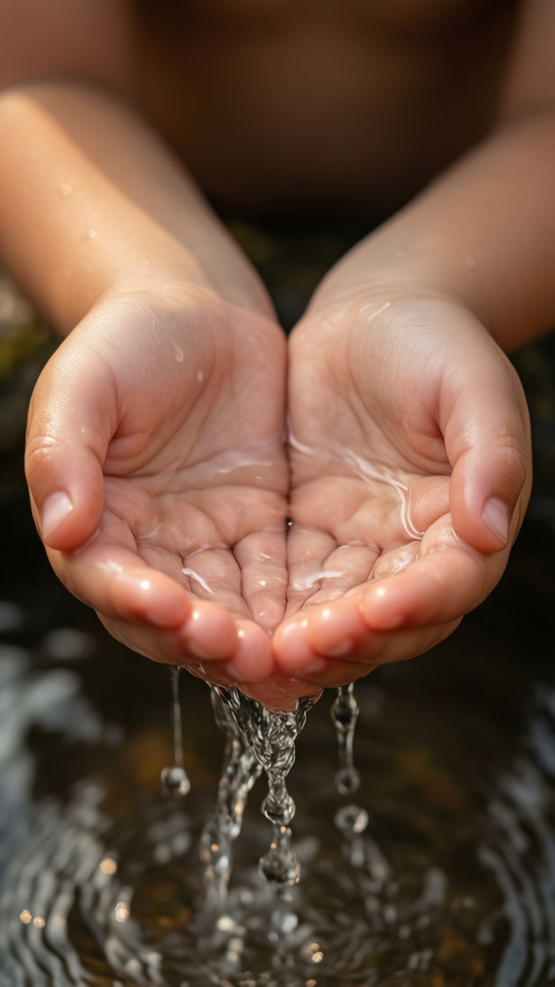 Save Water 桌布 壁紙 — 一雙捧著清水的雙手特寫，水滴落入下方泛起漣漪的水池中。