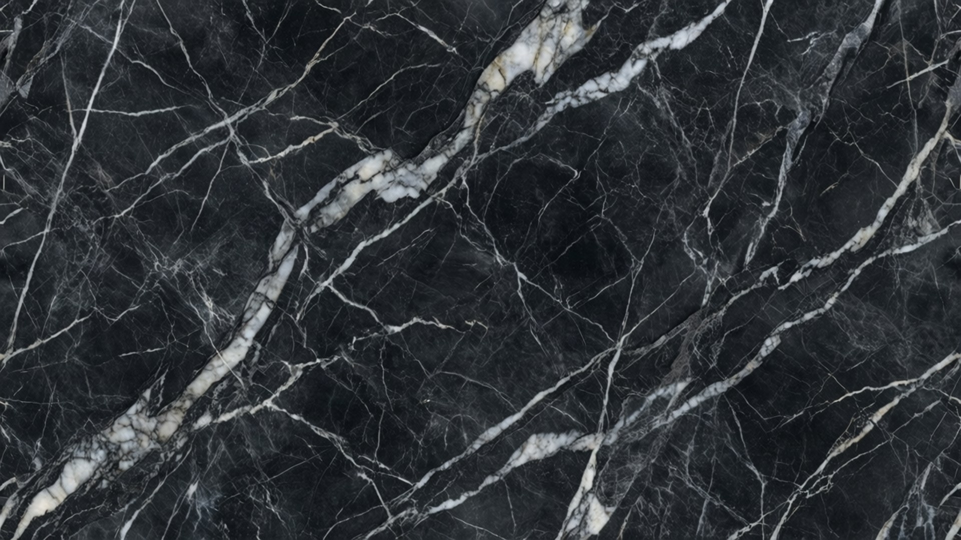 Gray Marble Veins 壁紙 — 深灰色大理石的近距離特寫，帶有複雜的白色和淺灰色紋理在其拋光表面上流動。