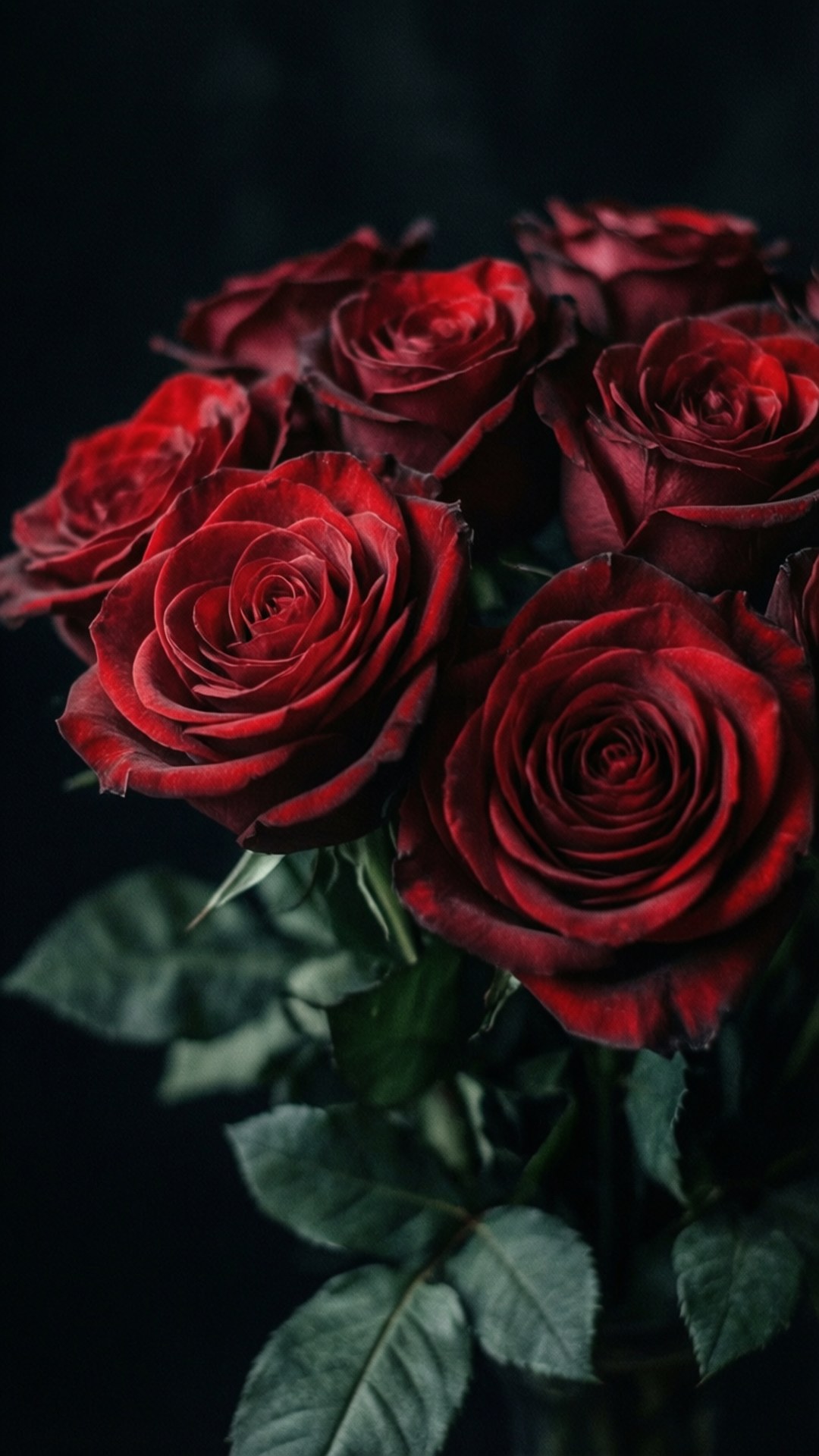 Gothic Red Roses 壁紙 — 特寫鏡頭：深紅玫瑰，帶有天鵝絨般的花瓣和深綠色葉子，襯以黑色背景。